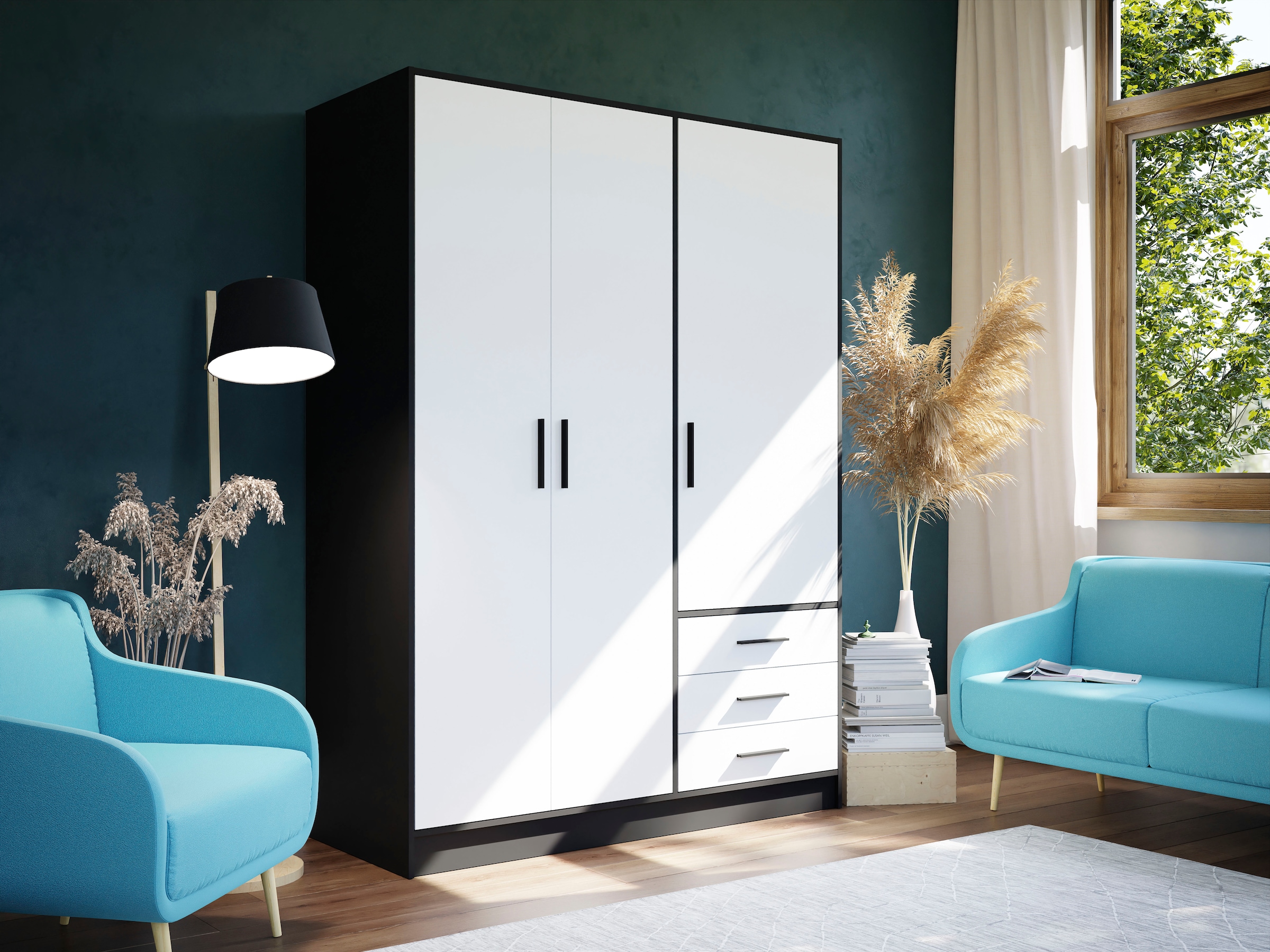 FORTE Kleiderschrank »Jupiter, Made in Europe, mit Schubladen«, (Masse (T/H): 60/200 cm), Stauraum, 2 Breiten, 4 Farben, Schubladen, variable Einlegeböden