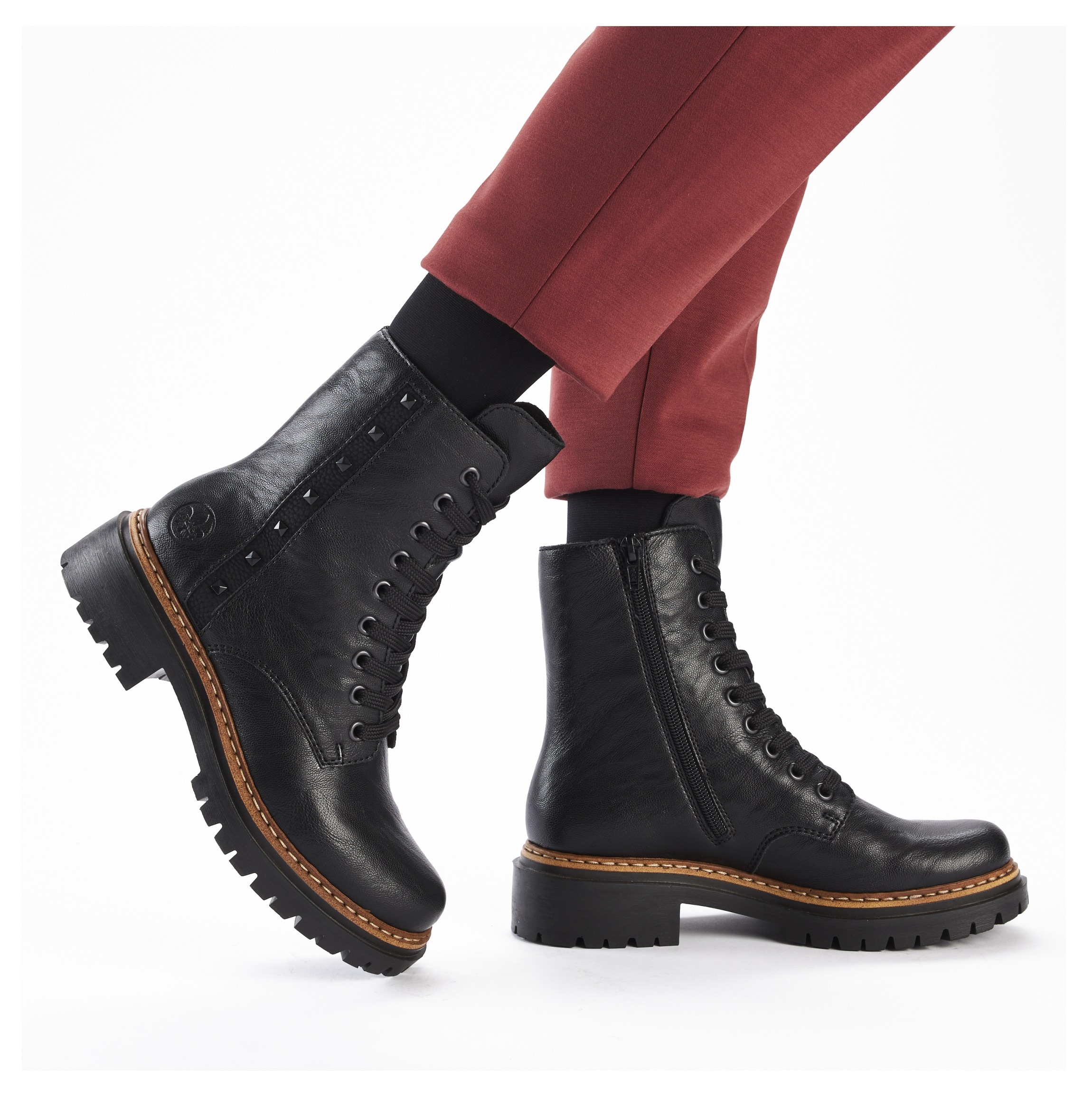 Rieker Schnürstiefelette, Schnürboots, Blockabsatz, Innenreissverschluss und Nietenverzierung
