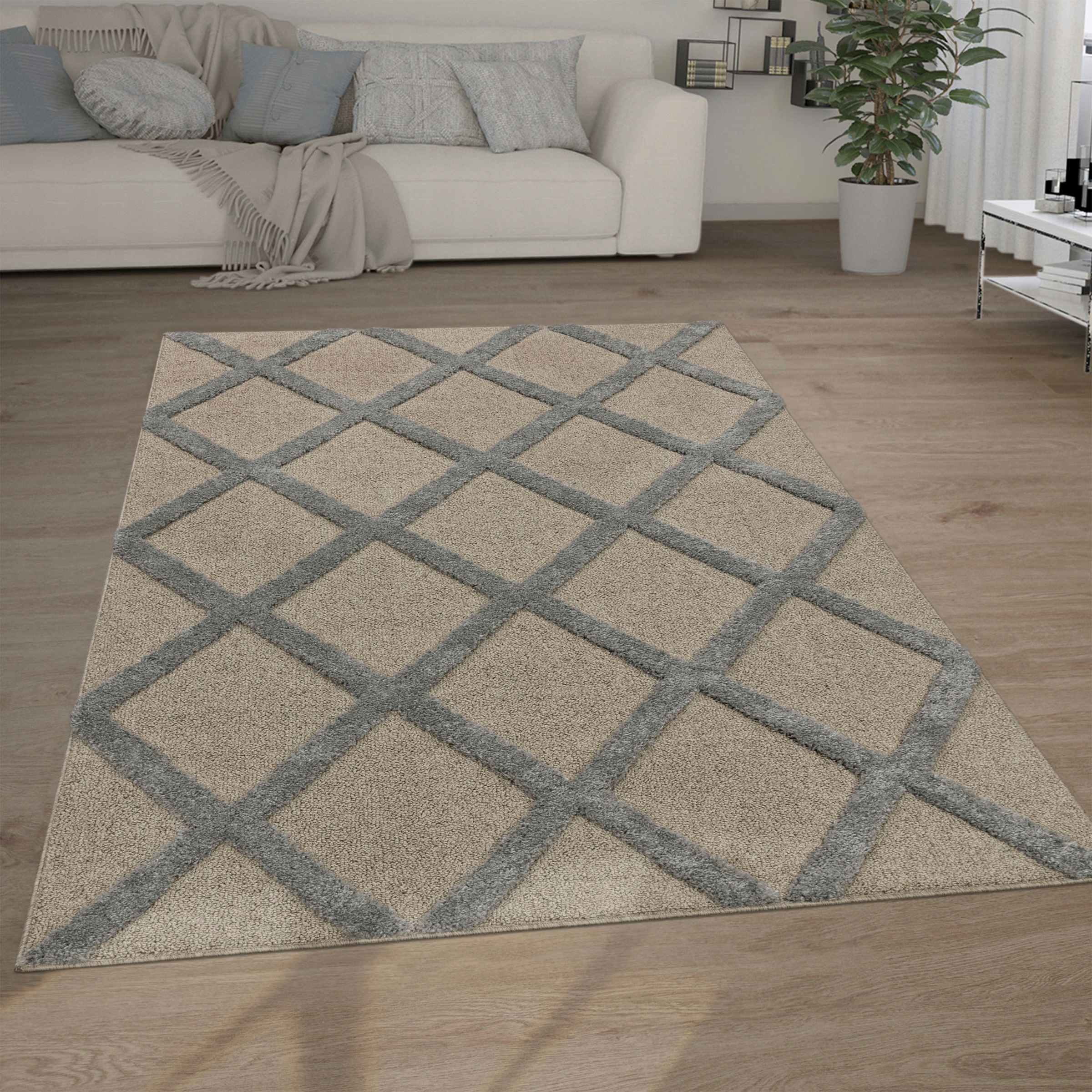 Paco Home Hochflor-Teppich »Genua 745«, rechteckig, 34 mm Höhe, Uni-Farben, Hoch-Tief Effekt, modernes Design, Rauten, weicher Flor