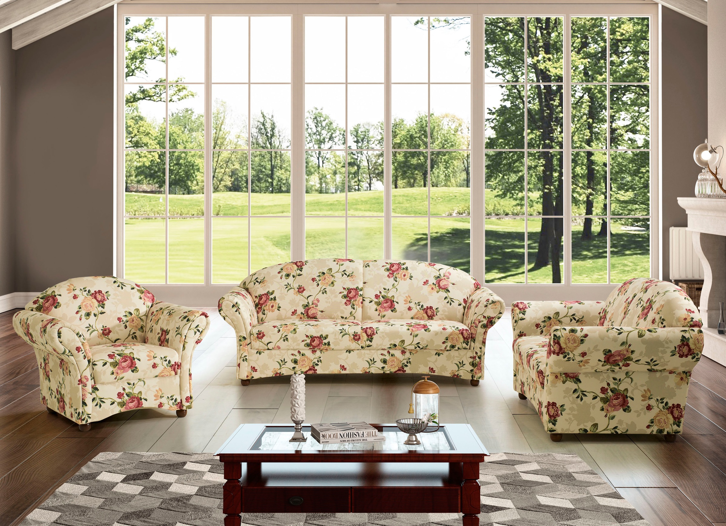 Max Winzer® Sessel »Carolinas, Loungesessel, geschwungene Formensprache, bequem«, Federkernunterfederung, mit Holz-Kugelfüssen, Blumen, floraler Bezug