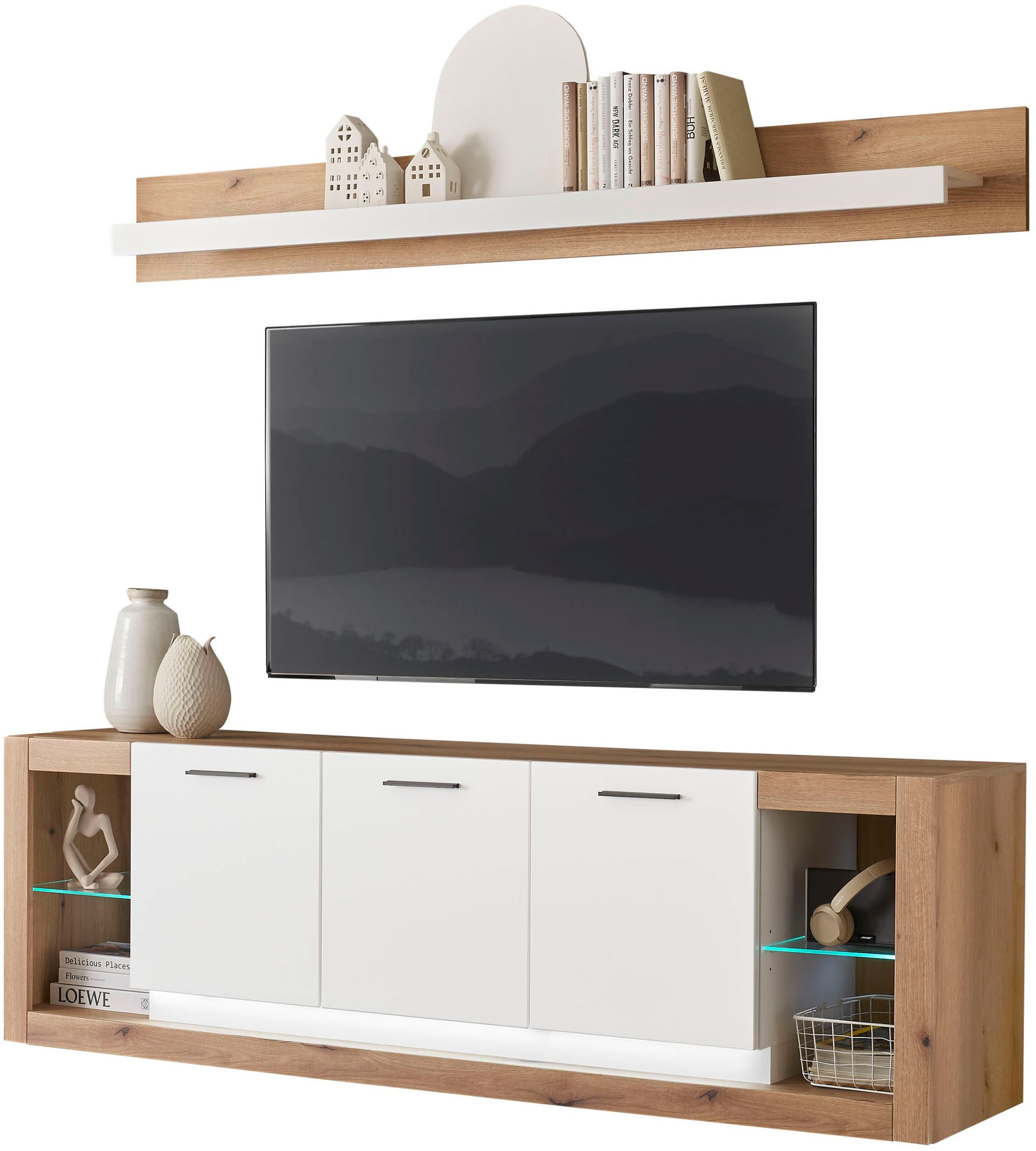 Image of Home affaire Wohnwand "Brixen, moderne Anbauwand, Wohnzimmer-Set, Eiche Evoke Dekor mit Weiss" Set, 2 Stk. tlg.