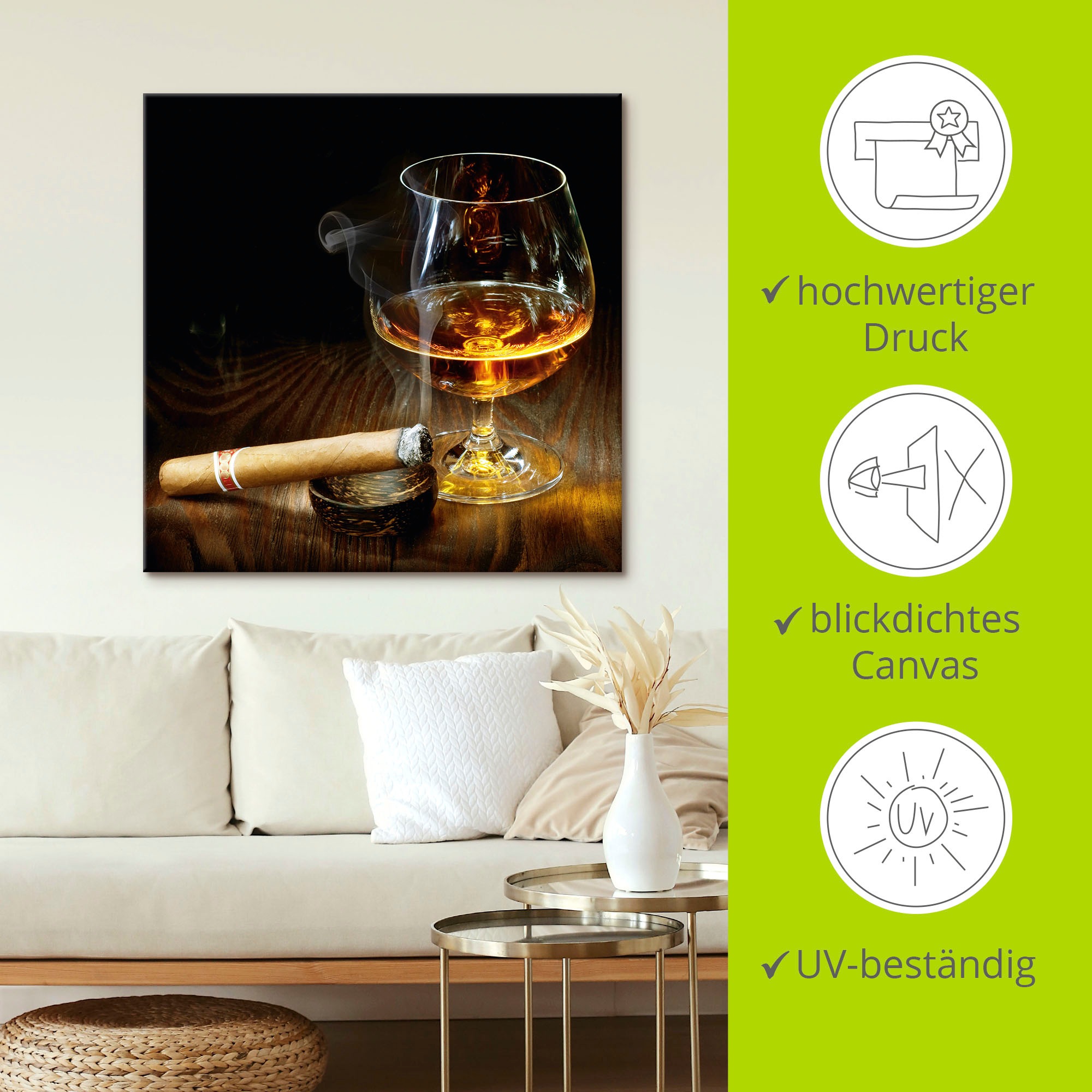 Artland Wandbild »Zigarre und Cognac«, Zigarren, (1 St.), als Leinwandbild, Poster in verschied. Grössen