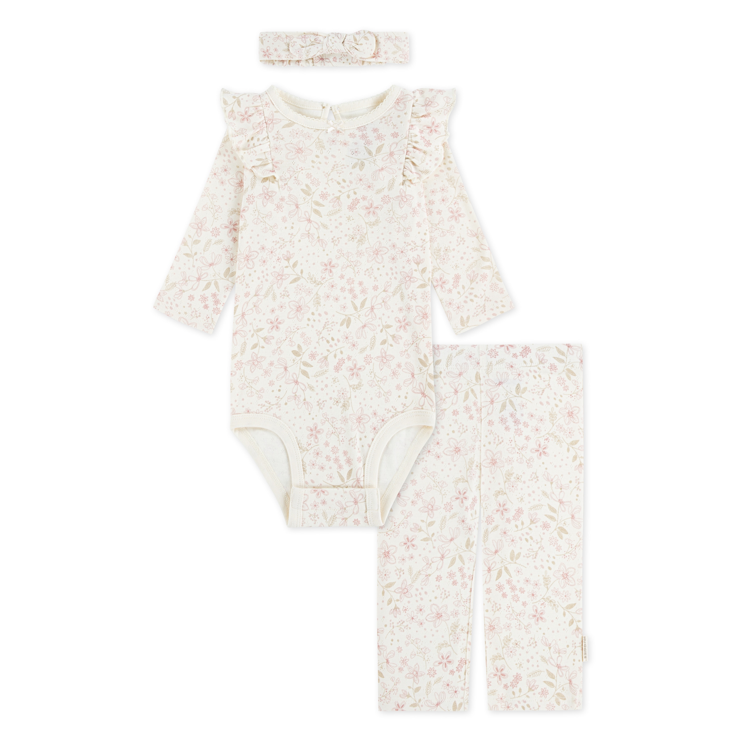Image of HUGGIES babywear Body & Hose "HUGG BODYSUIT PANT ATTACHMENT" Set, 3 Stk. & Stirnband mit Blümchenmotiv