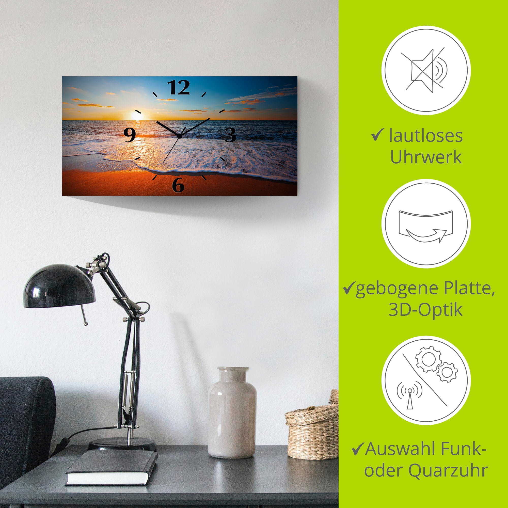 Artland Wanduhr »Sonnenuntergang und das Meer« wahlweise mit Quarz- oder Funkuhrwerk, lautlos ohne Tickgeräusche