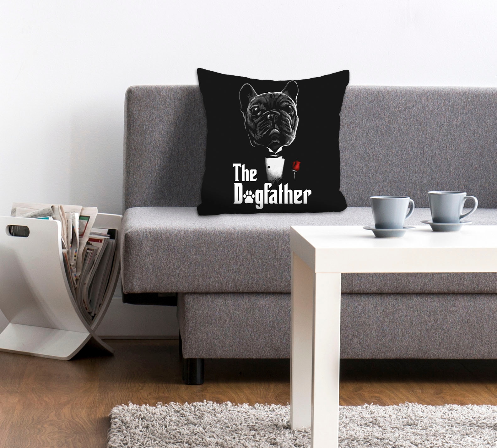 Image of queence Dekokissen "THE DOGFATHER" mit einem Mops im Anzug