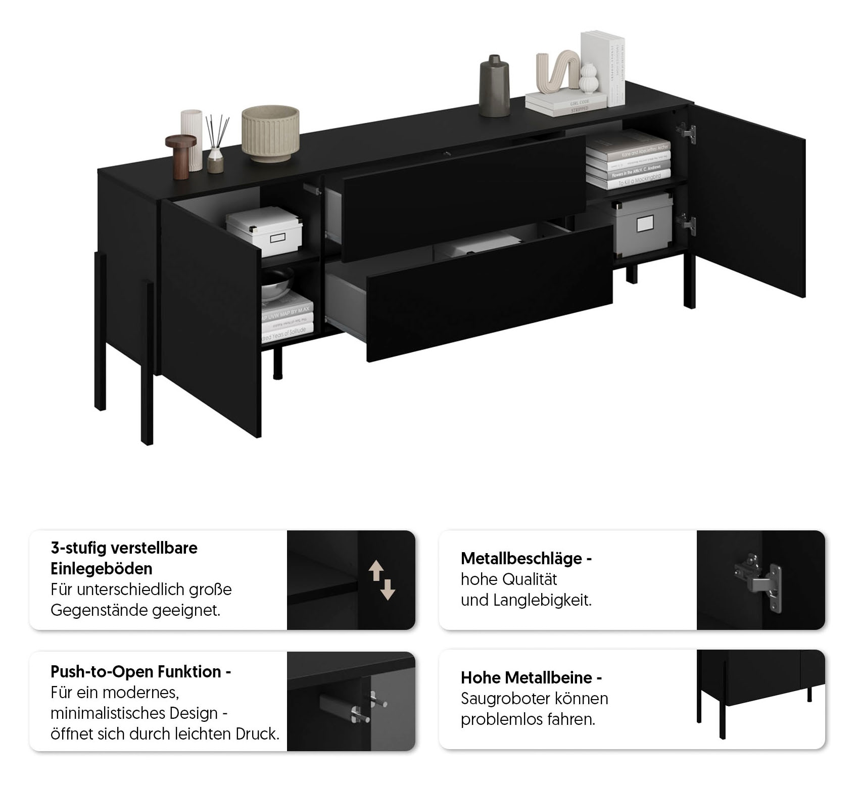 GOODproduct Table basse »Jukon,Breite 200 cm, moderne grifflose TV-Kommode,2 Türen/2 Schubladen« TV-Schrank mit viel Stauraum, TV-Board, push-to-open-Funktion