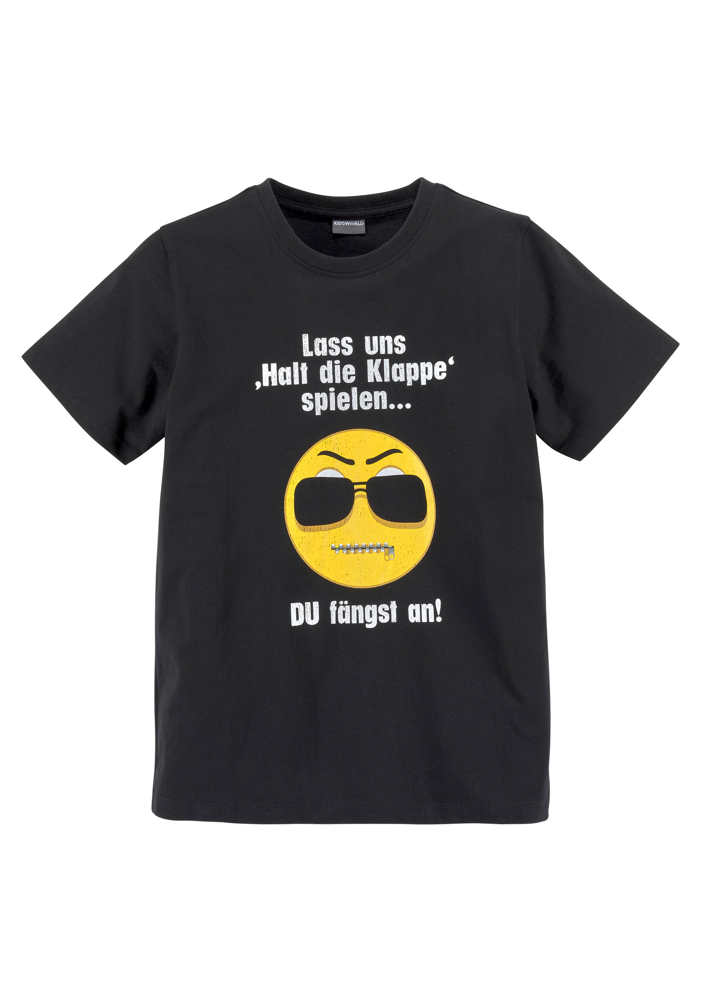 KIDSWORLD T-Shirt »LASS UNS: HALT DIE KLAPPEN! SPIELEN«, Spruch