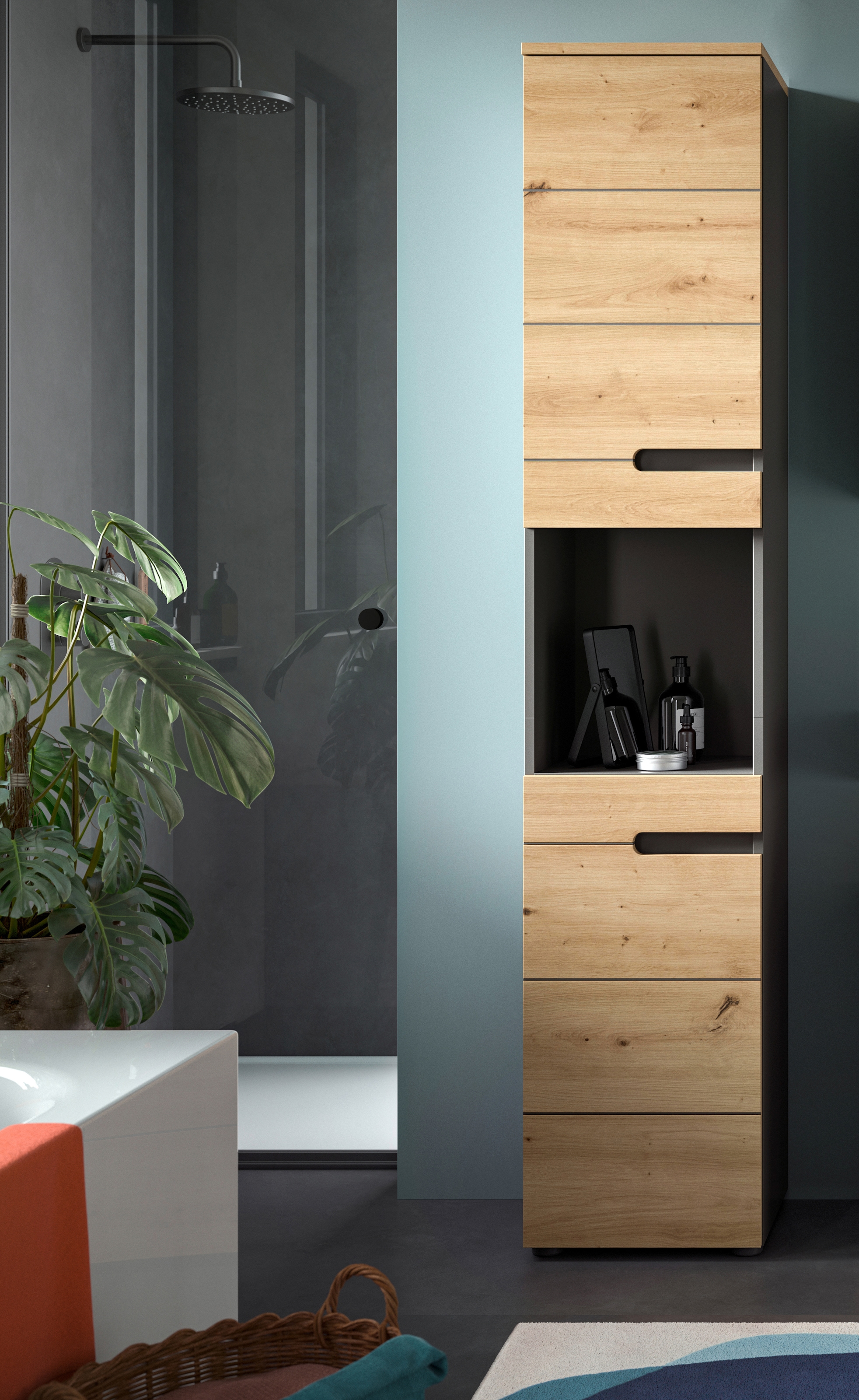 welltime Armoire haute »REHAT, Türen mit Soft-Close, eingefasste Griffaussparung in der Front« BxHxT: 38x193x34 cm, 2 Türen, 5 Fächer