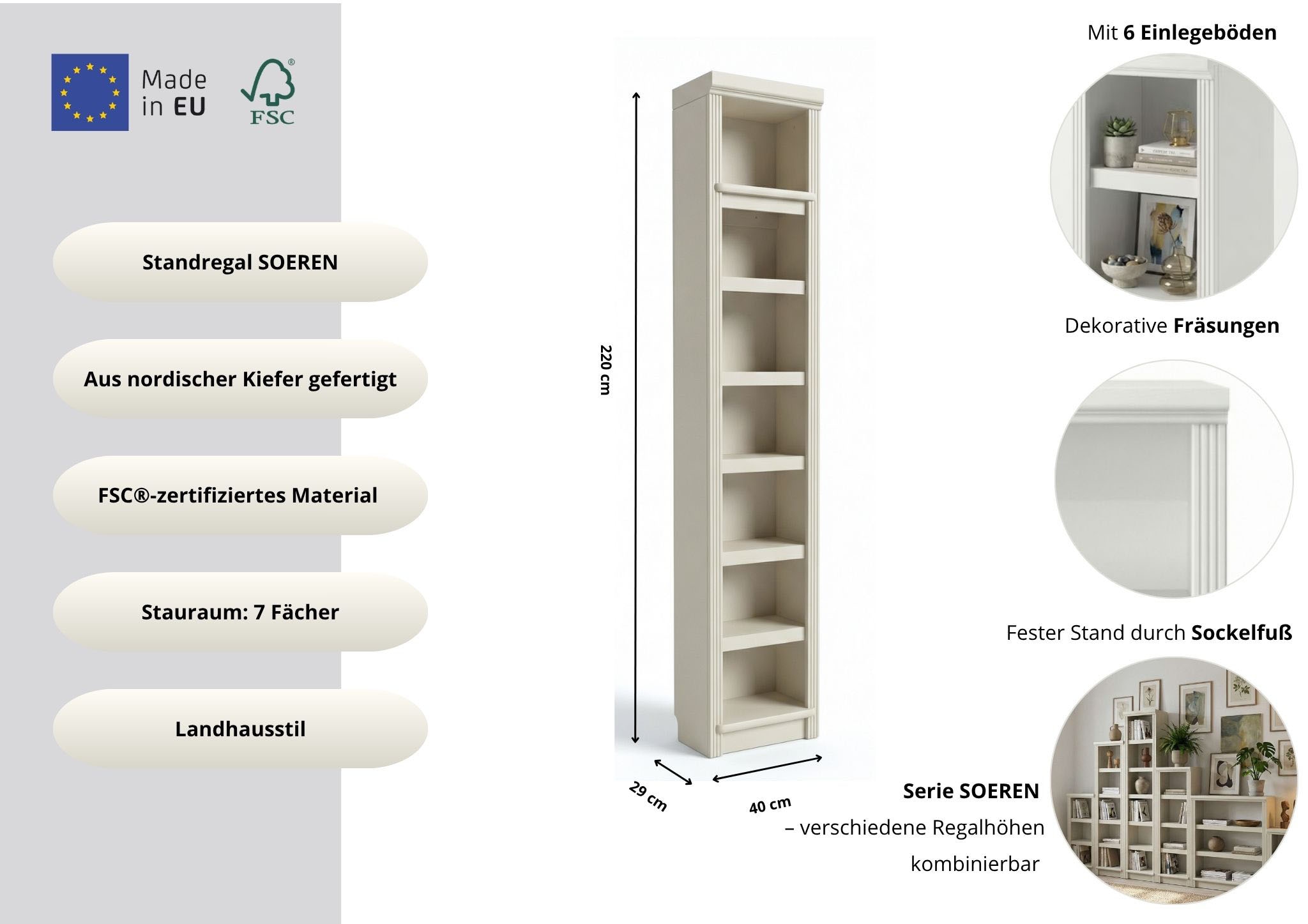 GOODproduct Bücherregal »Soeren Regal B/T/H: 40/29/220 cm« Kiefer FSC®-zertifiziert, 7 Fächer und 6 Einlegeböden