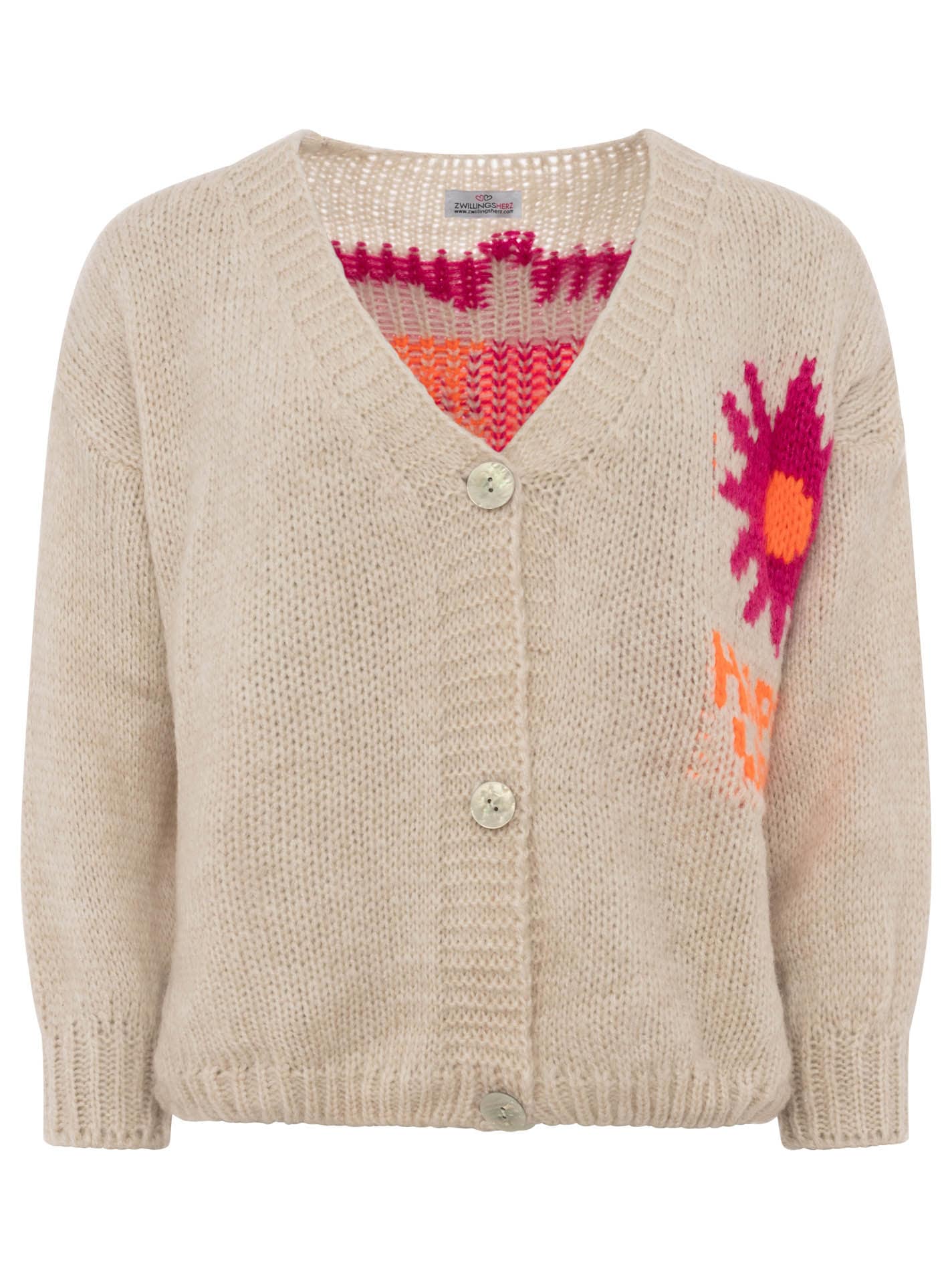 Zwillingsherz Cardigan »"Happy Vibes"« Knopfleiste, grosses Motiv mit Blume und Schrift hinten, One Size