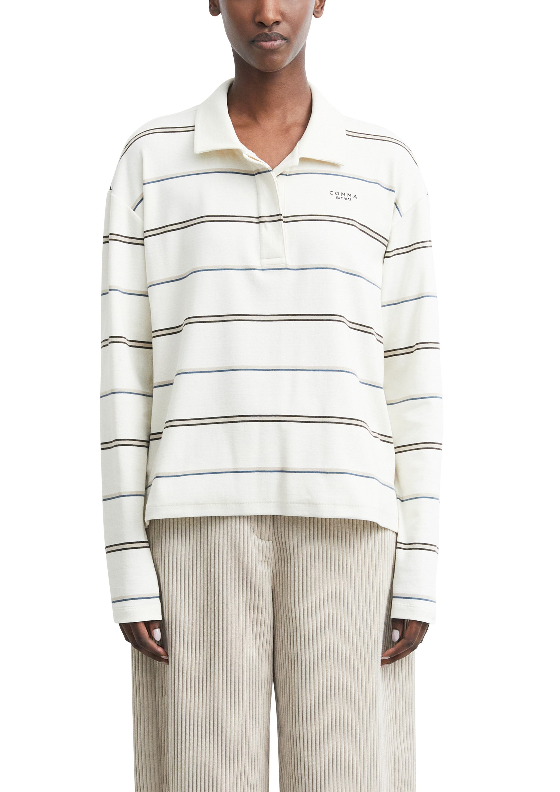 Image of Comma Langarm-Poloshirt mit Streifen
