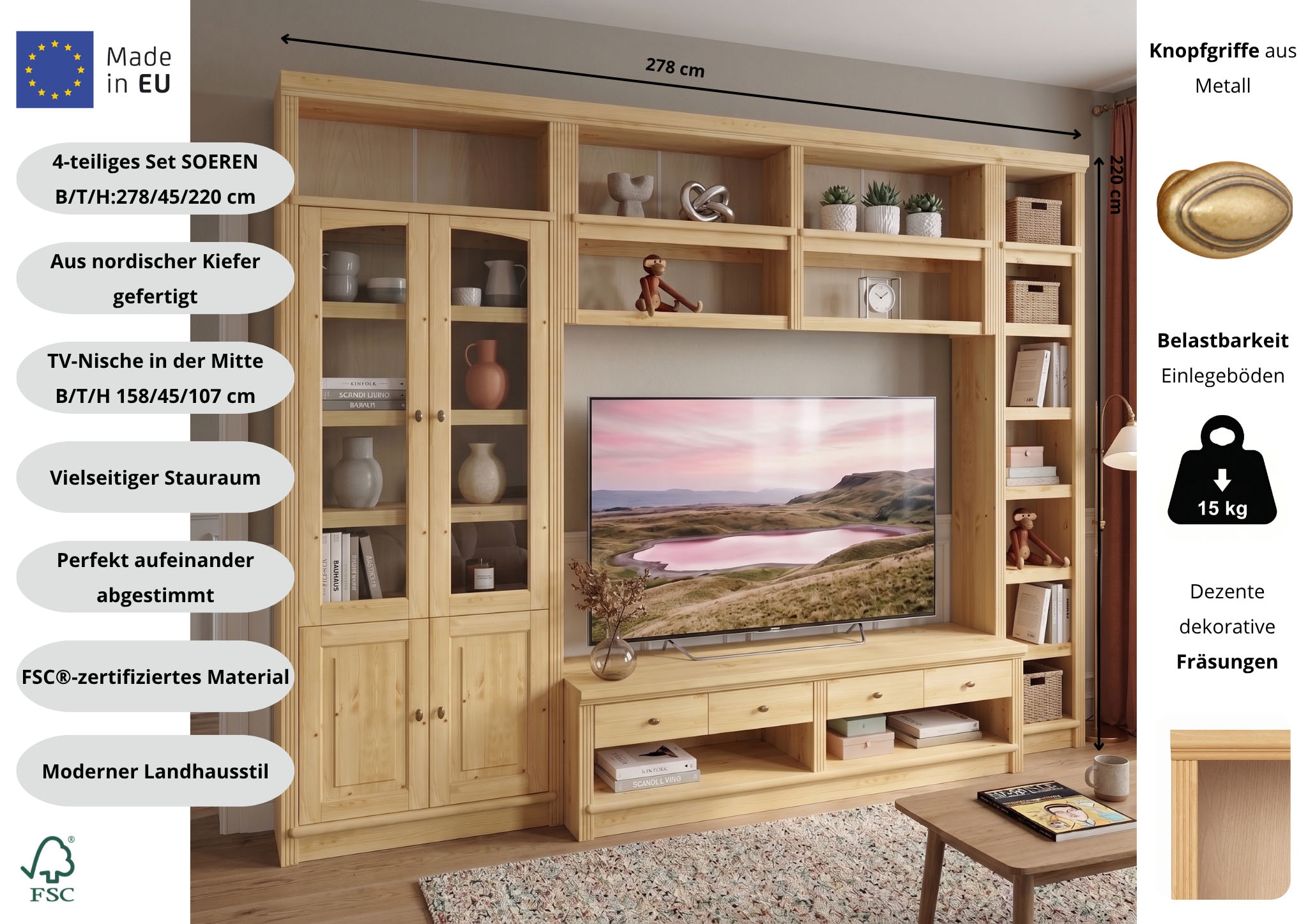 GOODproduct Wohnwand »Soeren, 1 TV-Lowboard, 1 Wandregal, 1 Bücherregal, 1 Vitrine« Set, 4 Stk. tlg.