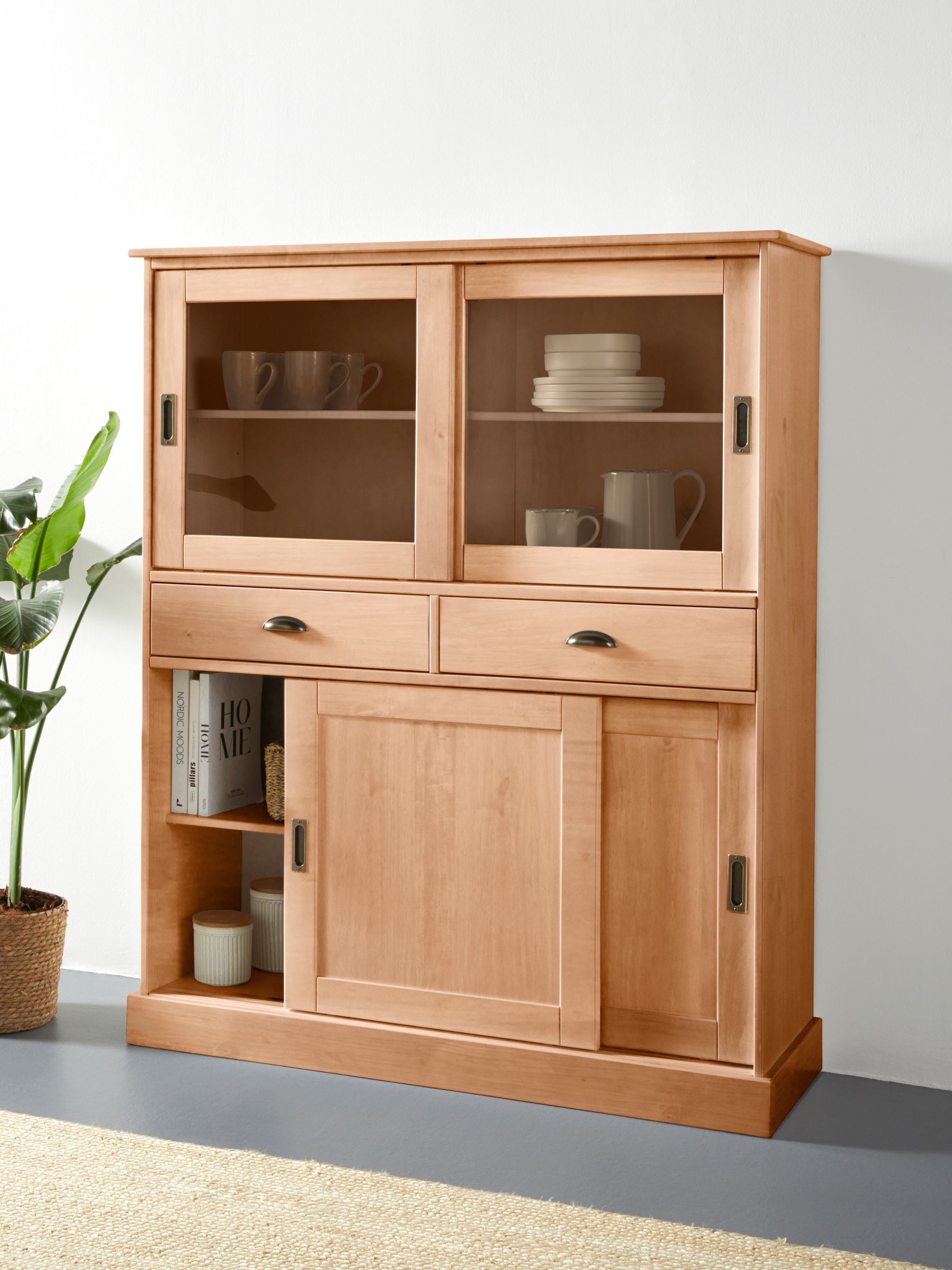 Home affaire Highboard »Schröder«, mit 2 Glas- u. 2 Holztüren, 2 Schubkasten, aus massivem Kiefernholz