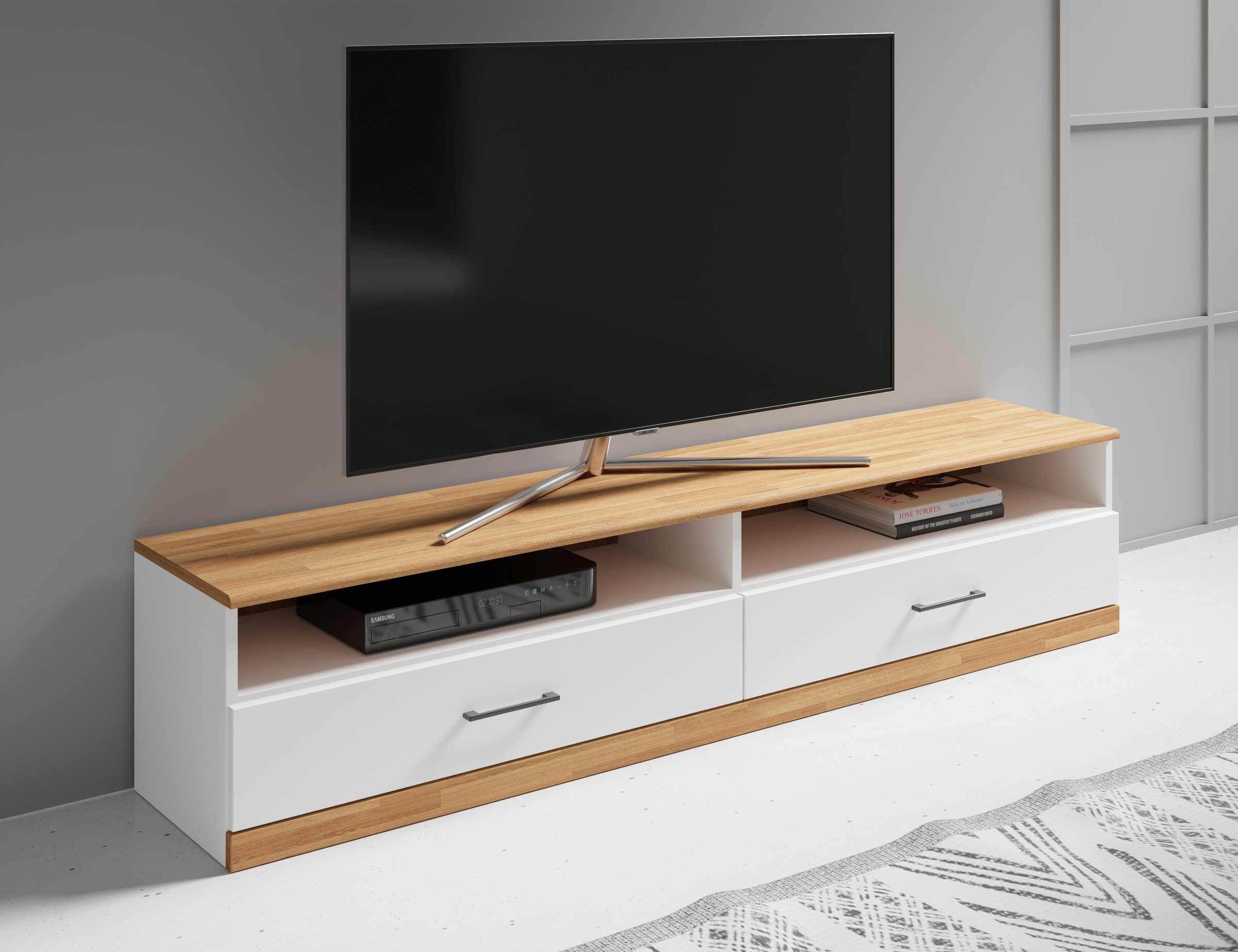 Image of GOODproduct Lowboard "Ribe,140cm breit,38cm hoch mit 2 Klappen,Oberplatte aus Massivholz" Oberplatte Eiche massiv,schwarze Metall Griffe