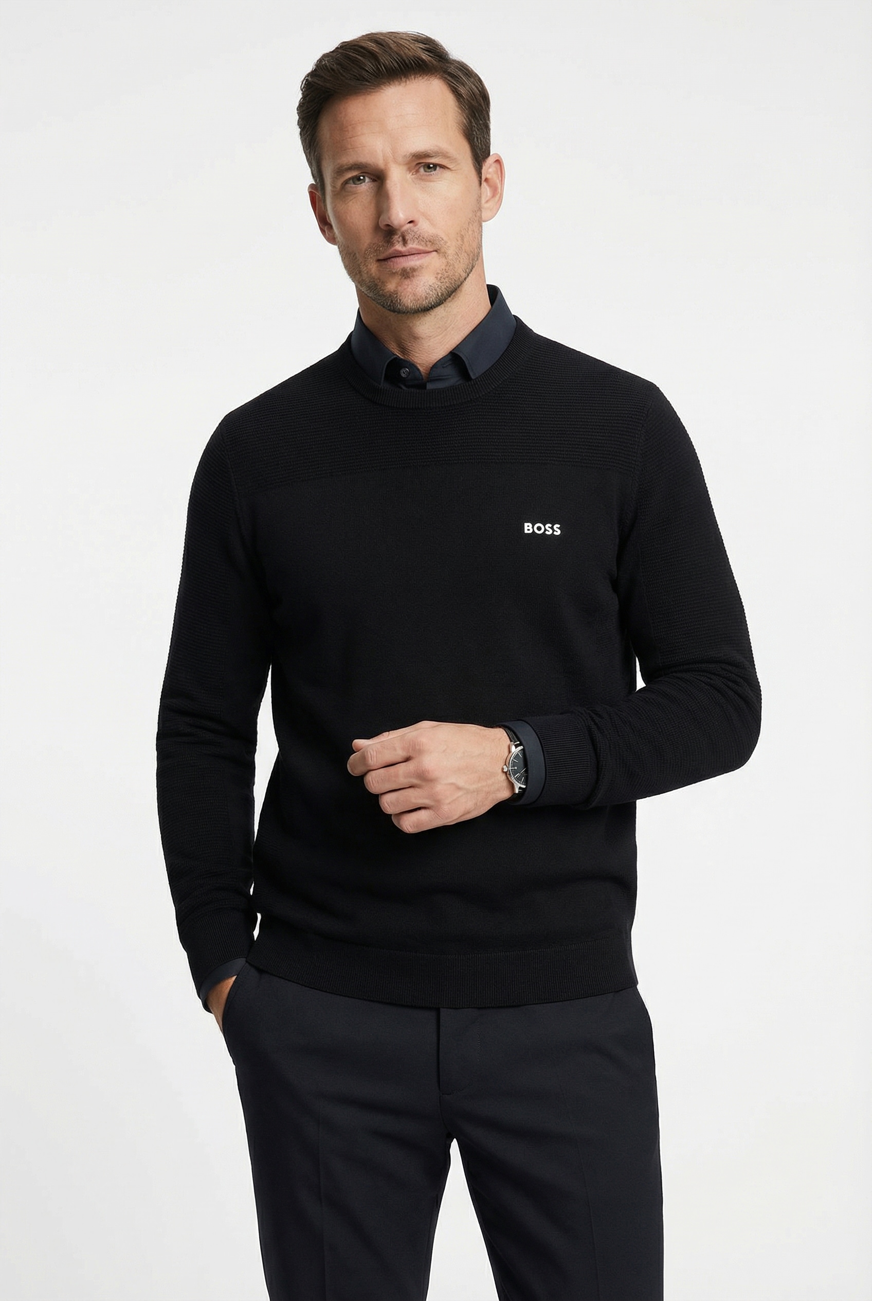 Image of BOSS GREEN Strickpullover "KN Momentum-X CN" Rundhalsausschnitt, Regular Fit, kontrast HD-Logo