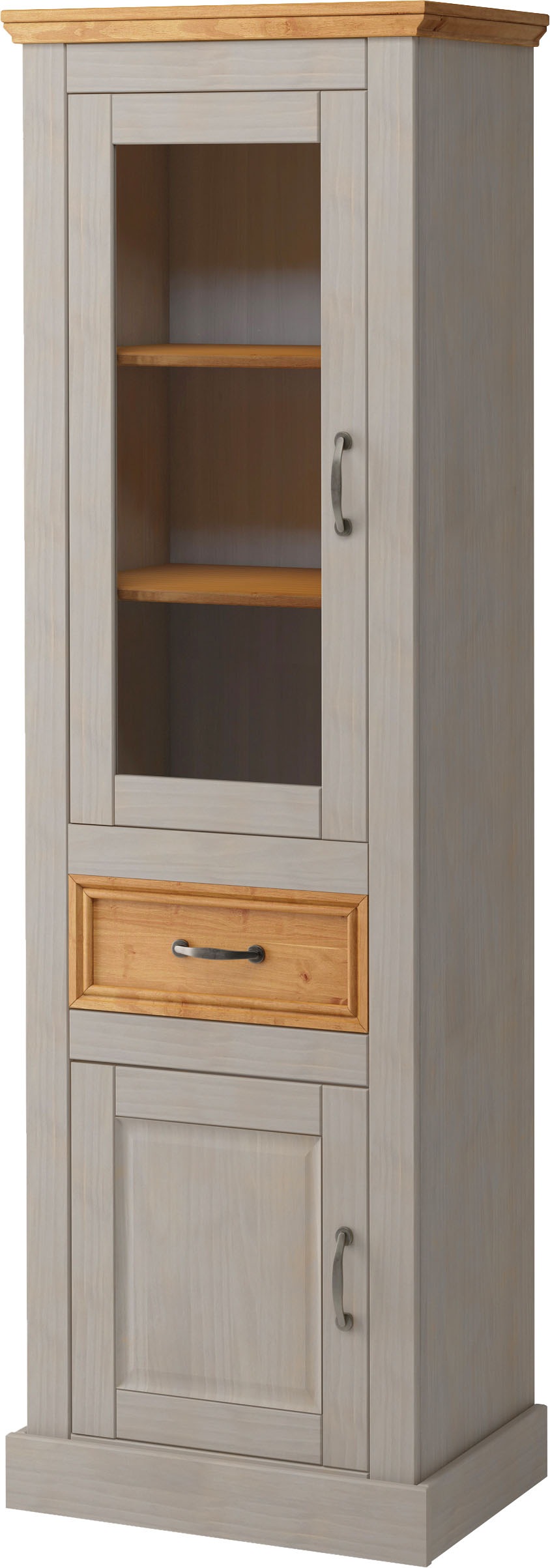 Image of GOODproduct Vitrine "Selma Hochschrank, 2 Türen, eine davon mit Glaseinsatz und 1 Schublade" massives Kiefernholz mit natürlicher Maserung, Metallgriffe 180cm hoch