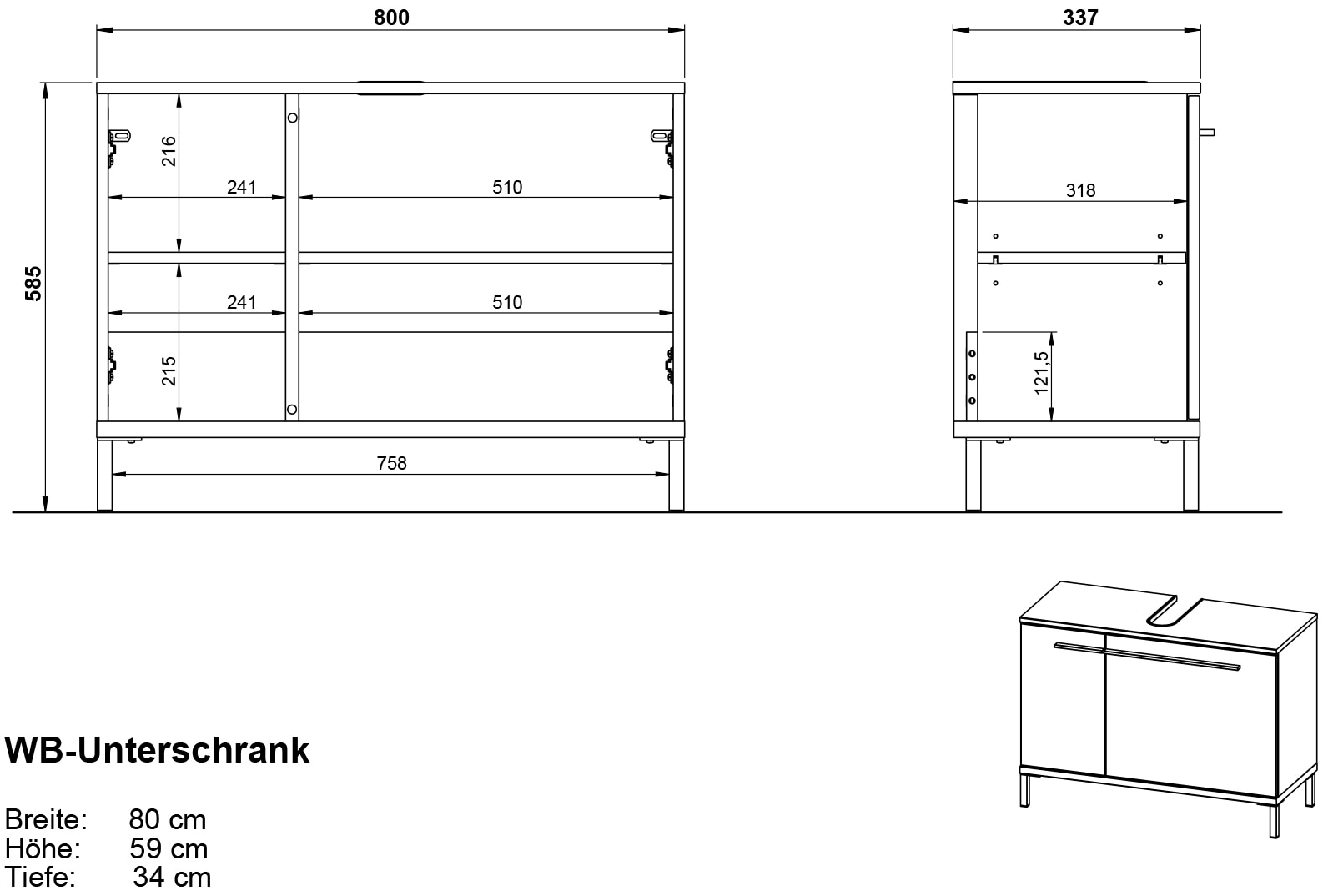 GERMANIA Armoire sous lavabo »Waschbeckenunterschrank« 1 cuis tlg. meuble sous-lavabo avec découpe pour siphon