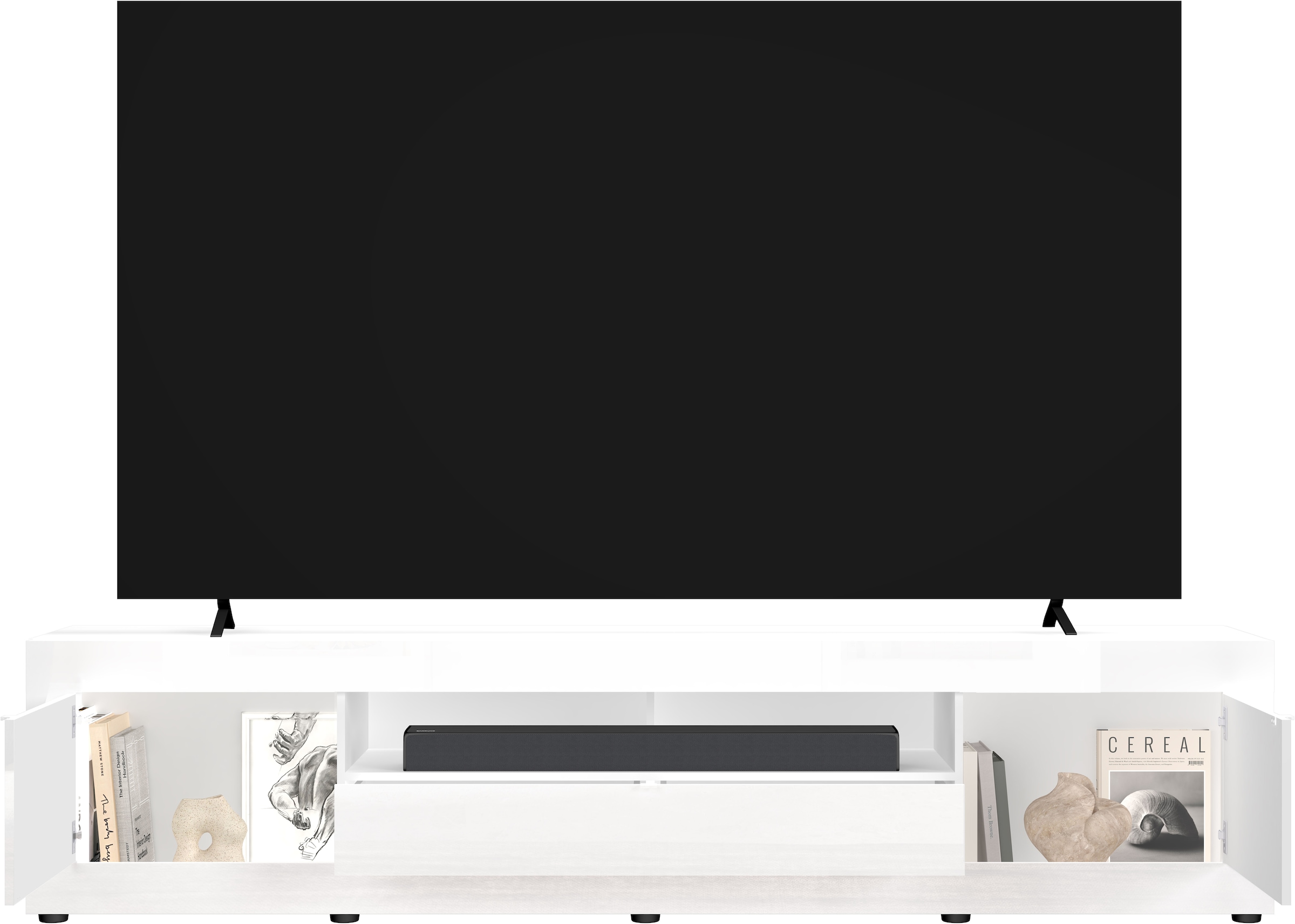 Home affaire Table basse »Basic, 245 cm breit, 47 cm tief, 2 Türen, 1 Schubkasten, Medienboard« Modernes Lowboard für bis zu 98-Zoll-TV – perfekt für die WM