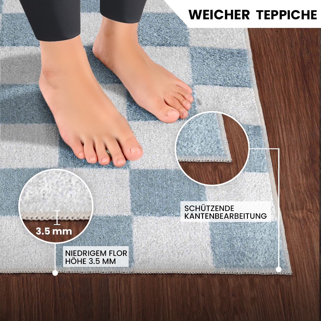 Livabliss Teppich »CLEVELAND«, rechteckig, 6 mm Höhe, Maschinenwaschbarer Teppich mit Karomuster, Kurzflor Wohnzimmerteppich