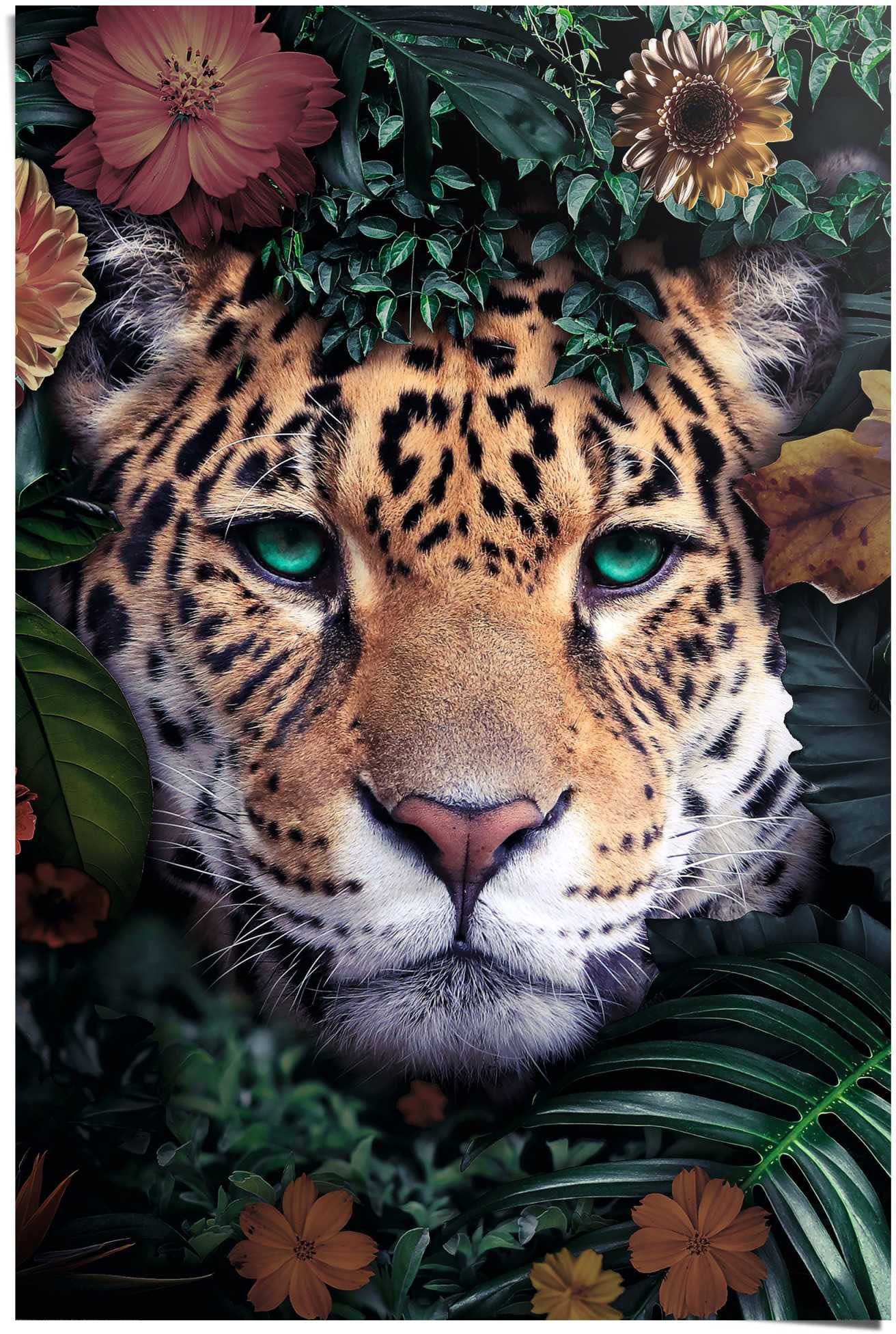 Poster »Leopard Blumen - Pflanzen - Farbenfroh - Tiermotiv«, (1 St.)