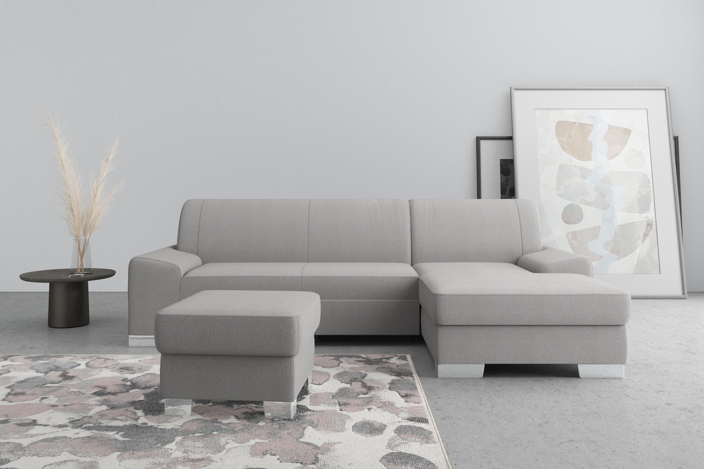 Image of DOMO collection Ecksofa "Anzio L-Form, whlw. Bettfunktion, Federkern, hochwertig, Breite 271 cm" Ohne Bettfunktion, Recamiere rechts, Chenille-Struktur, grau