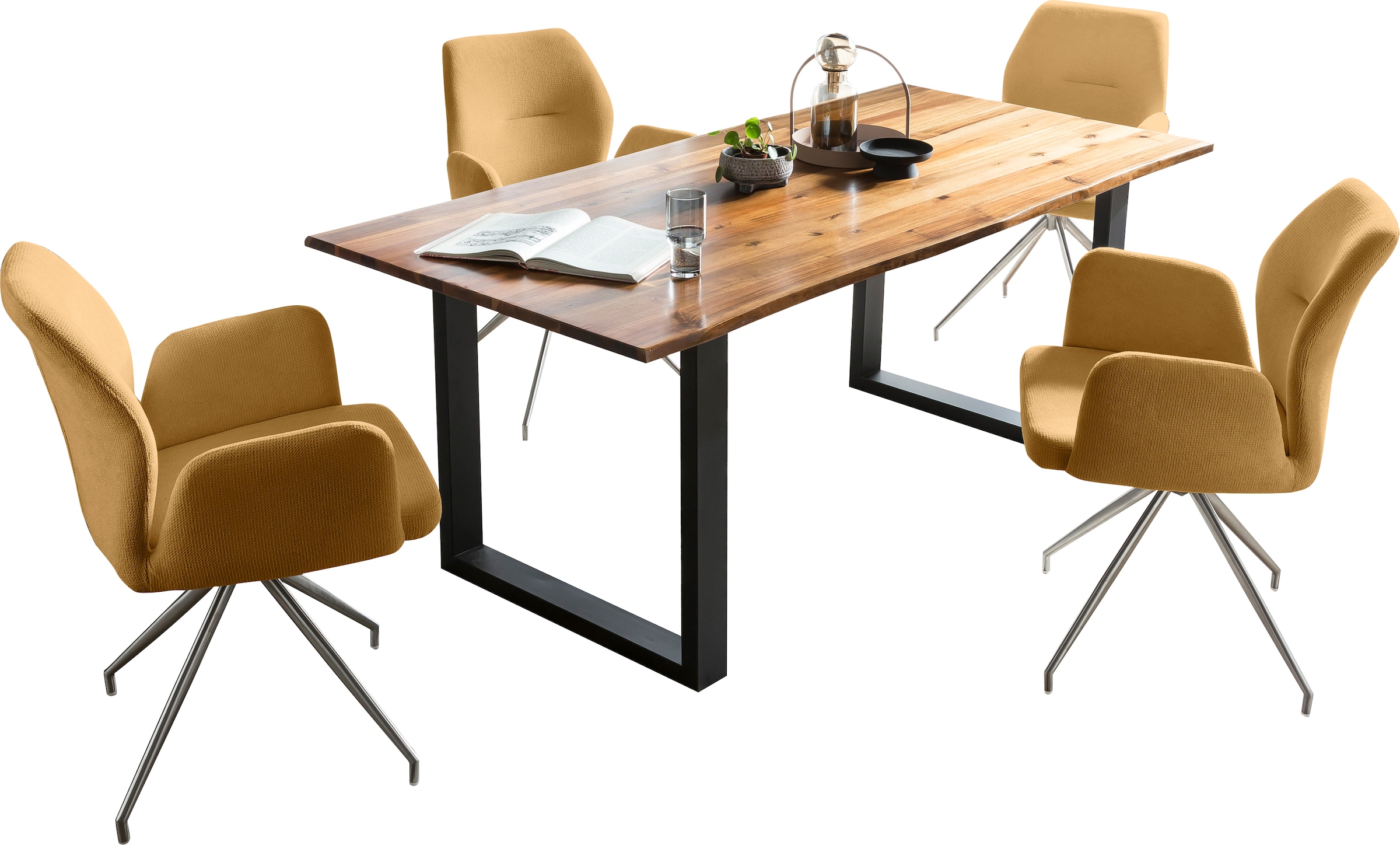 SalesFever Essgruppe, (Set, 5 tlg.), Tischplatte mit echter Baumkante, Gestell aus rostfreiem Edelstahl