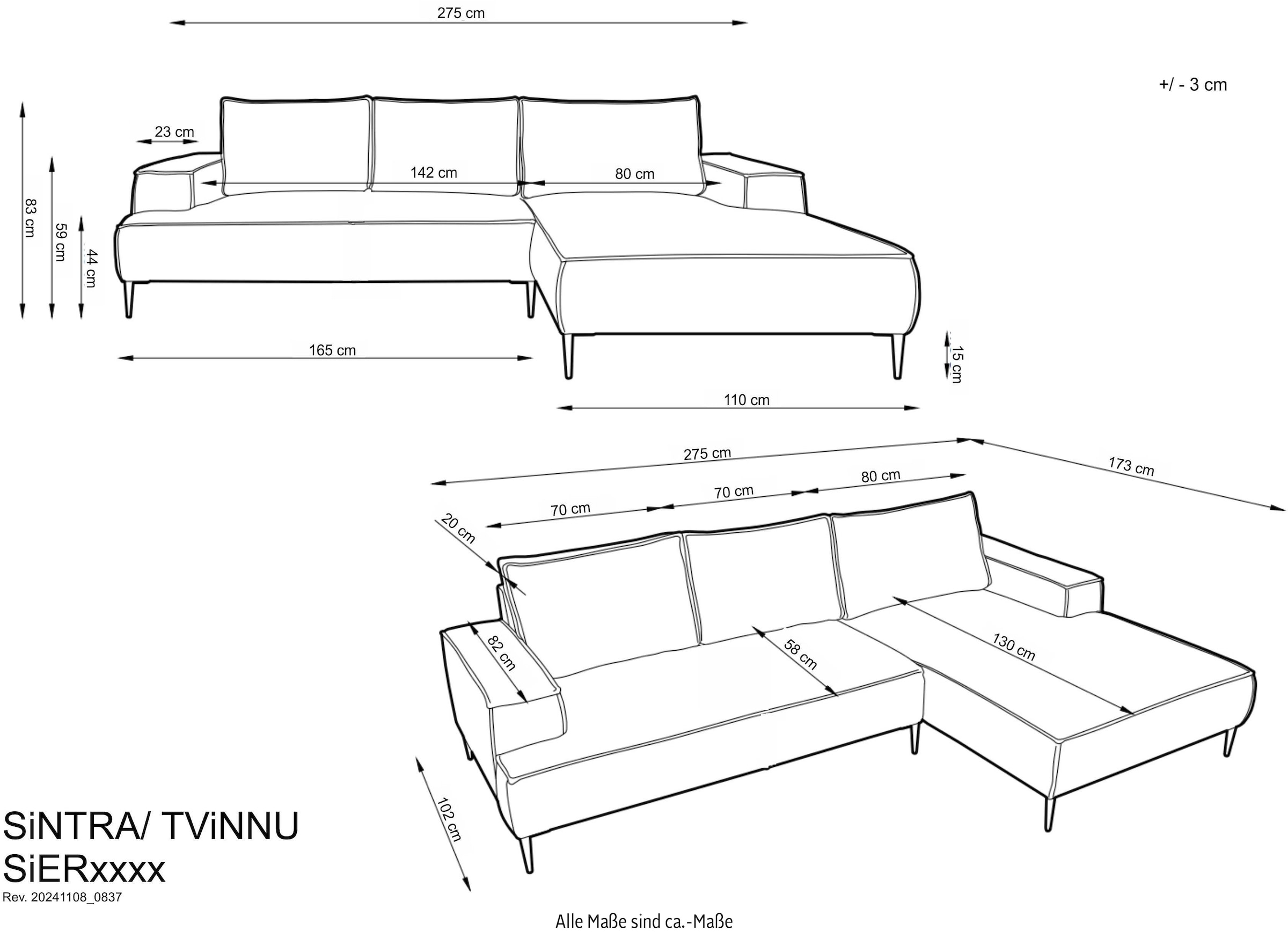 andas Ecksofa »TVINNU, L-Form in Cord, Sofa«, wahlweise Recamiere rechts/links, schwarze Füsse, bequemer Sitzkomfort