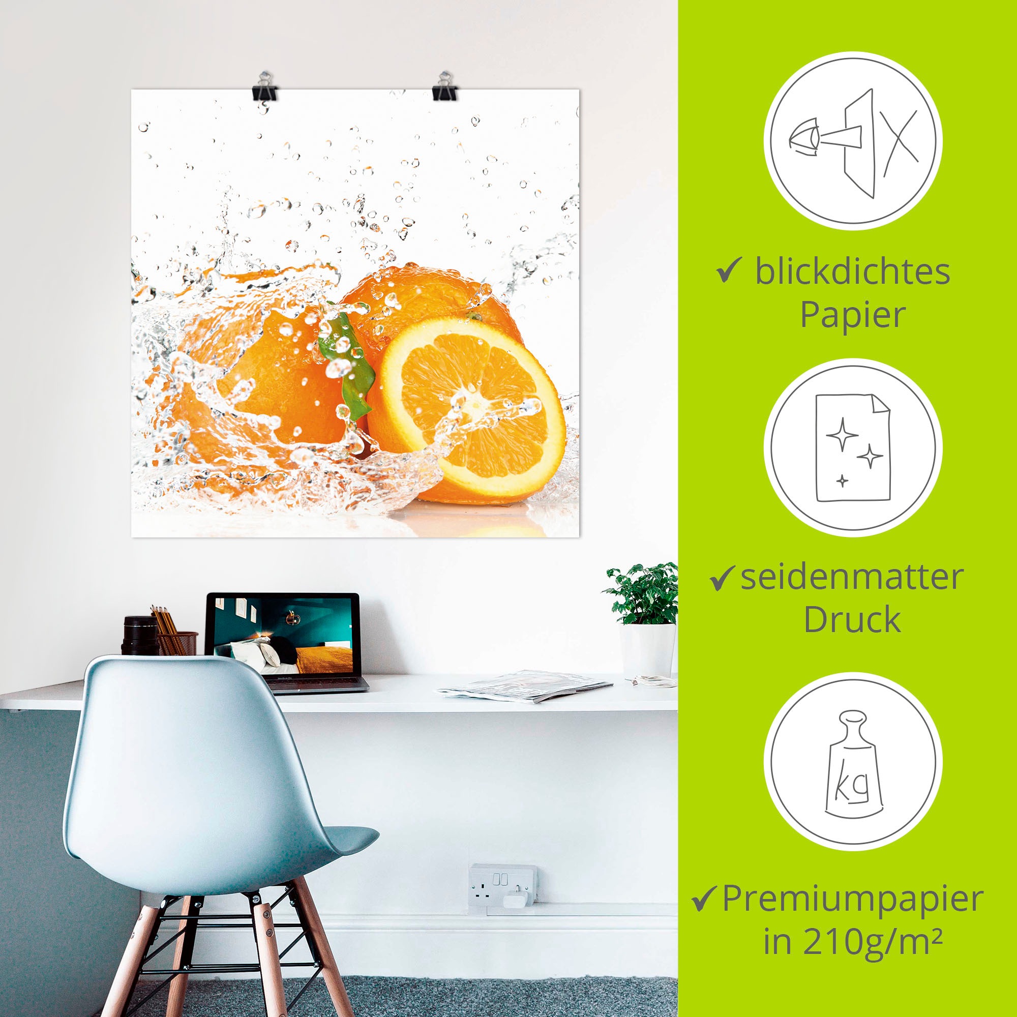 Artland Wandbild »Orange mit Spritzwasser«, Süssspeisen, (1 St.), als Leinwandbild, Poster, Wandaufkleber in verschied. Grössen