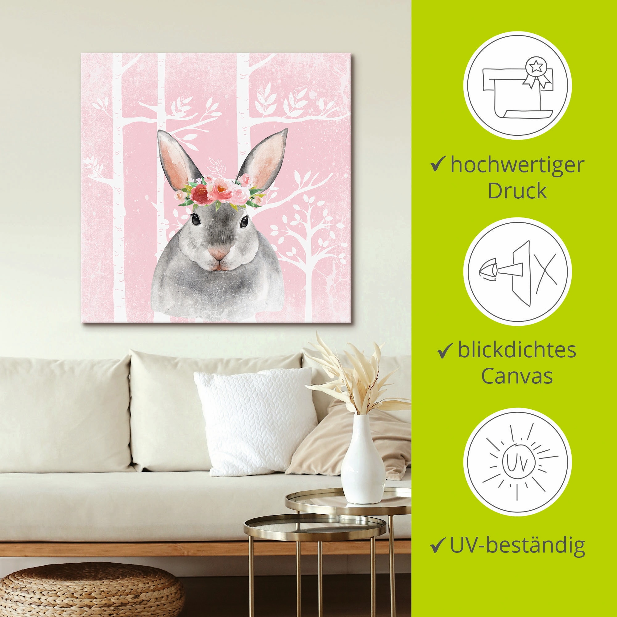 Artland Tableau sur toile »Hase mit Blumen im pink Wald« Animaux 1 cuis tlg. auf Holzrahmen gespannt