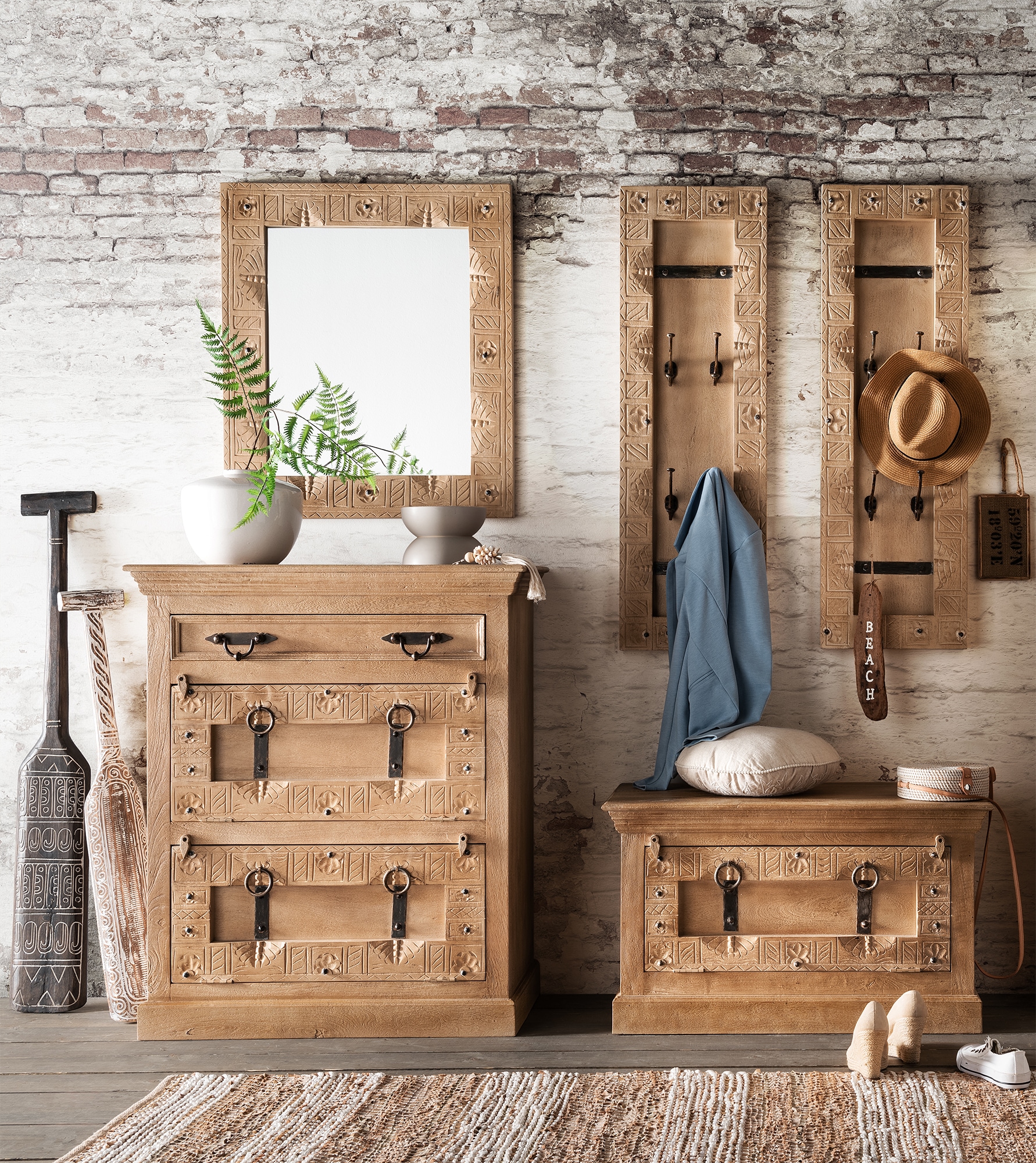 SIT Ensemble de vestiaires »Chennai 5-tlg. Flurmöbel-Set aus Mangoholz mit Schuhschränken« Ensemble, Set de lames de parquet, 5 cuis tlg.