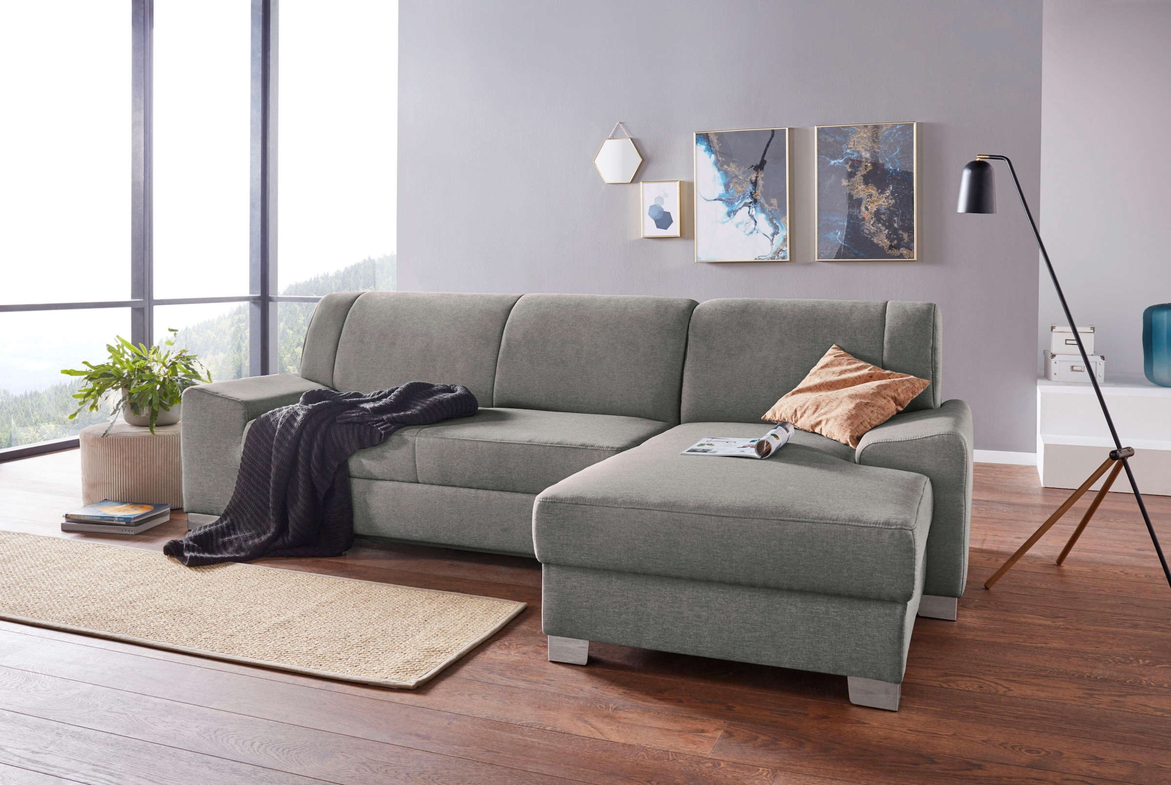 Image of DOMO collection Ecksofa "Anzio L-Form, whlw. Bettfunktion, Federkern, hochwertig, Breite 271 cm" Ohne Bettfunktion, Recamiere rechts, Struktur fein, steel-grau
