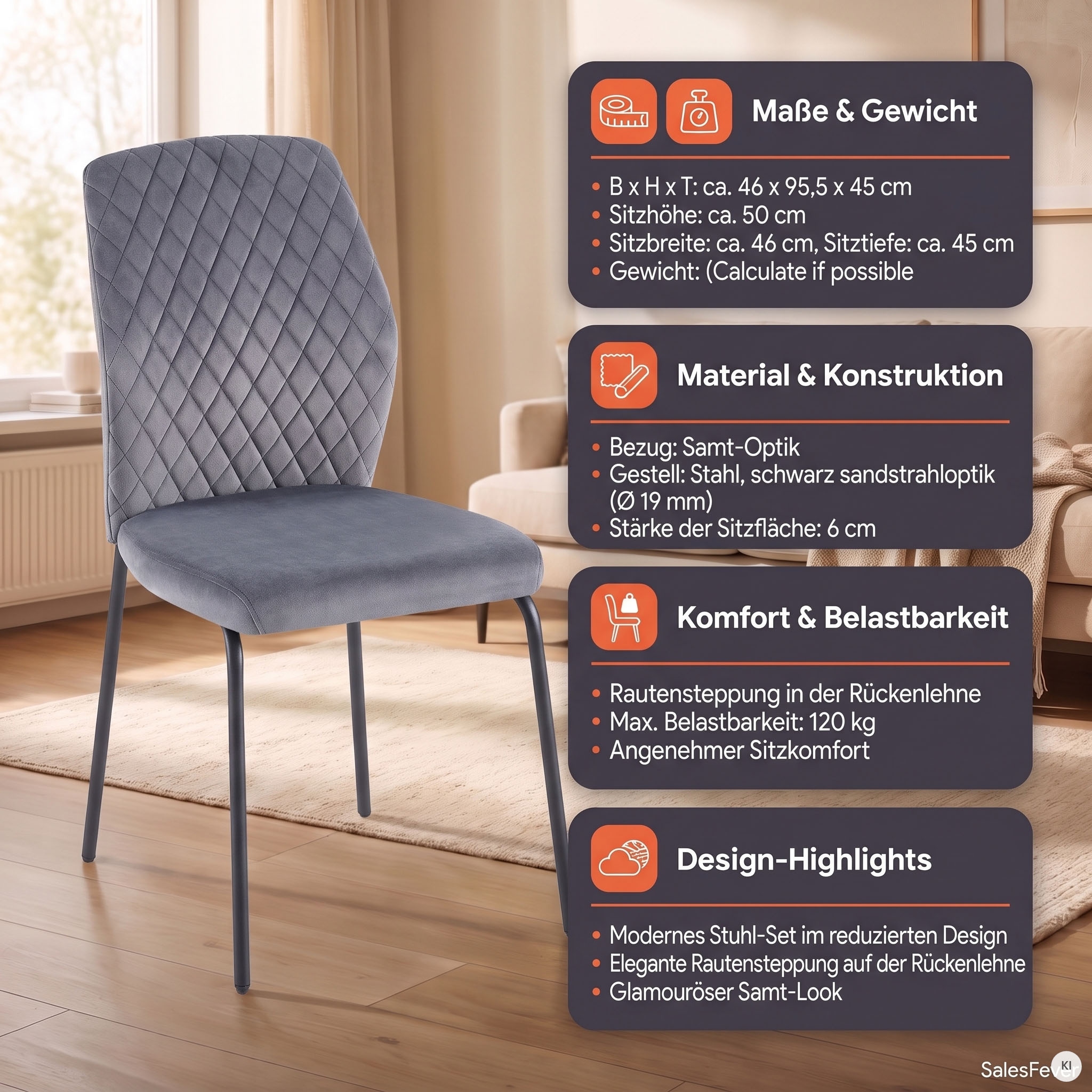 SalesFever 4-Fussstuhl »Esszimmerstuhl mit elegantem Stil« (Set) 2 Stk.2er Set mit eleganter Wabensteppung im Rücken