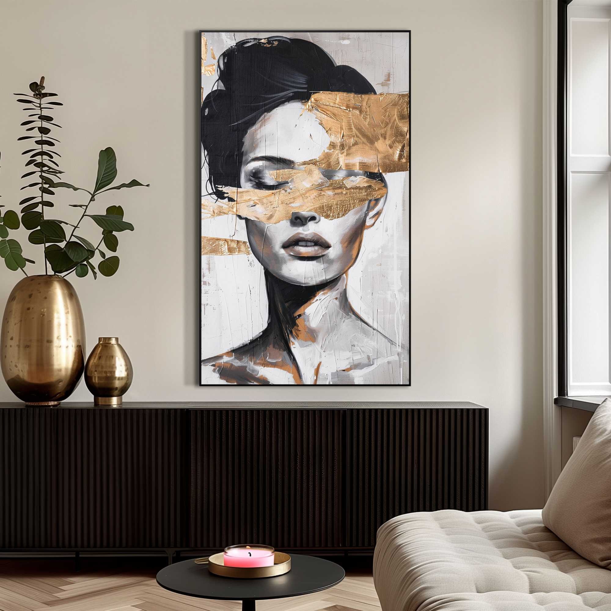 Reinders! Wandbild »Frau mit goldfarbenem Detail« Wohnzimmer - Schwarz-Weiss - MDF - Frauen - 70x118 cm