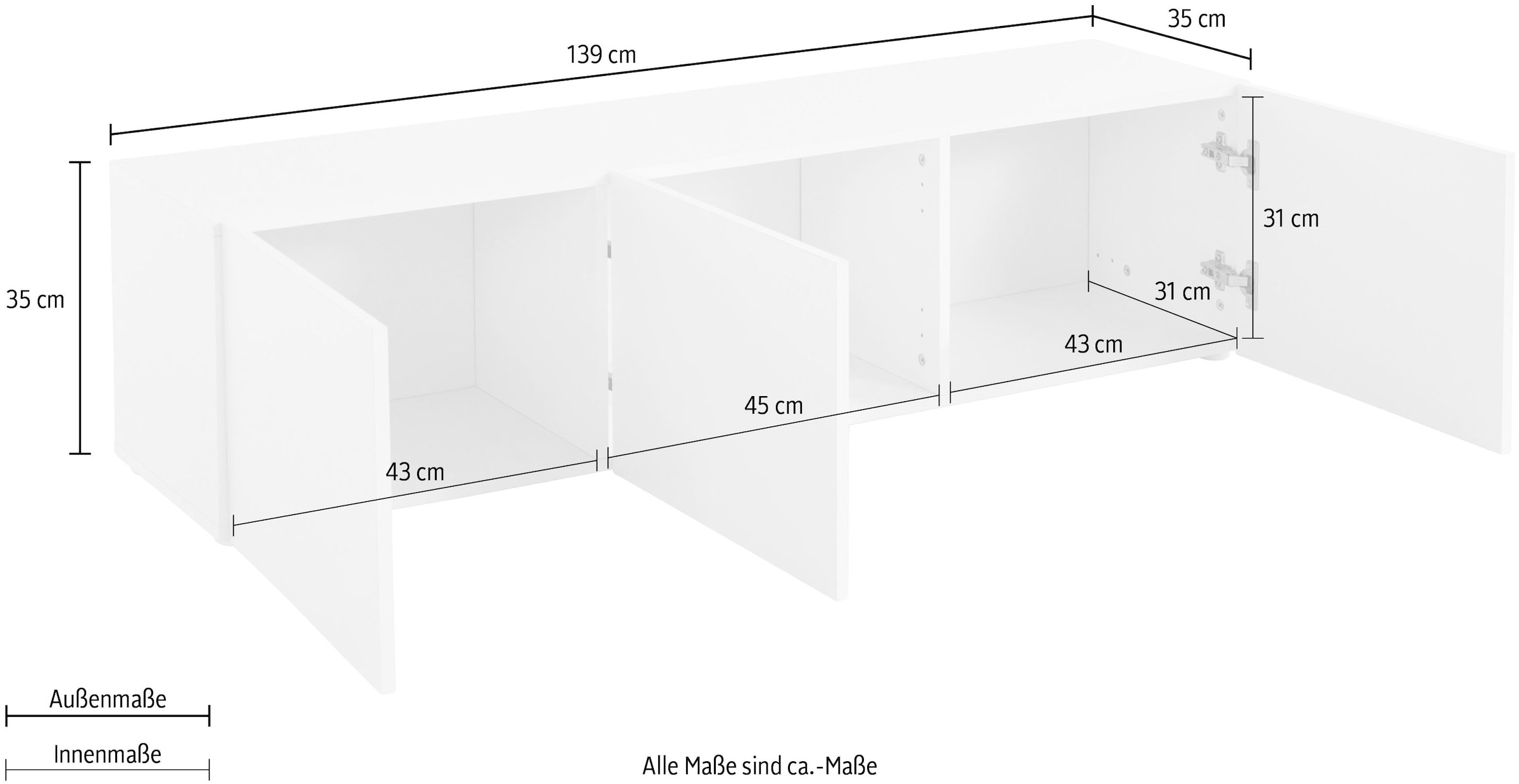 borchardt Möbel Lowboard »Sophia«, Breite 139 cm mit 3 Türen, stehend und hängend