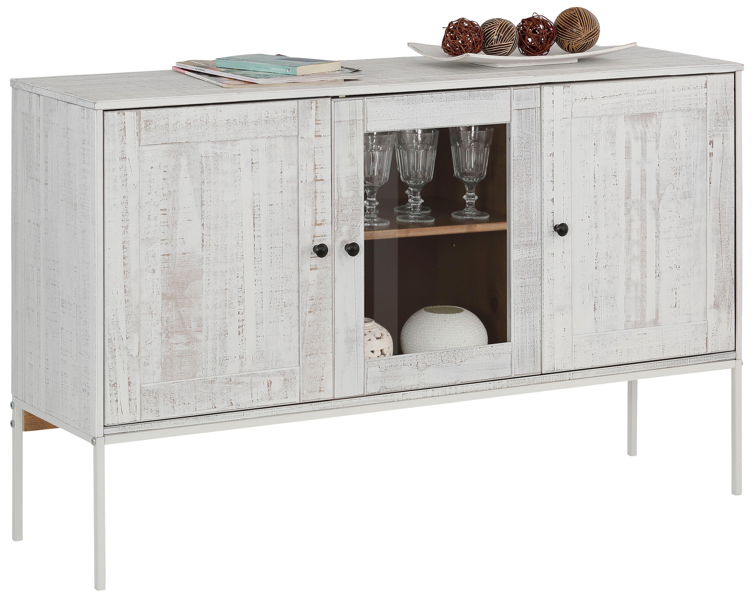 Home affaire Sideboard »Freya«, mit 2 Holztüren, Glastür, Metallgriffen, aus Massivholz, Breite 130 cm