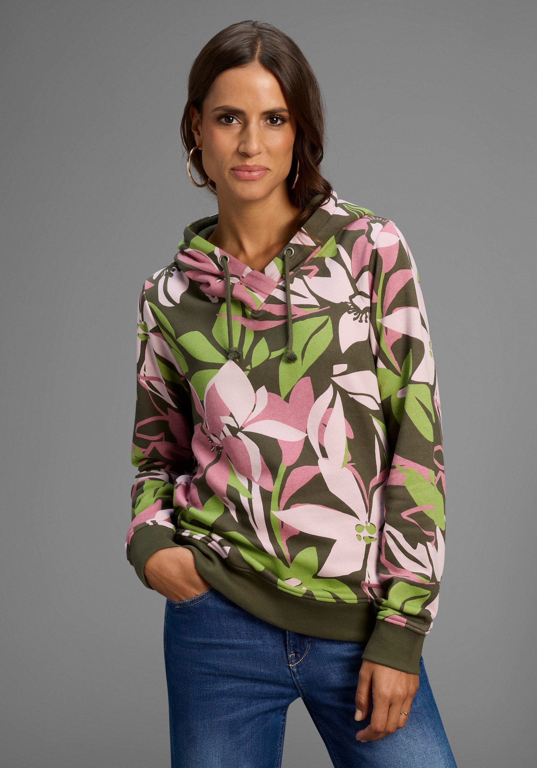 Image of Laura Scott Sweater, Pflegeleichte Baumwollmischung mit Kapuze und Blumendruck