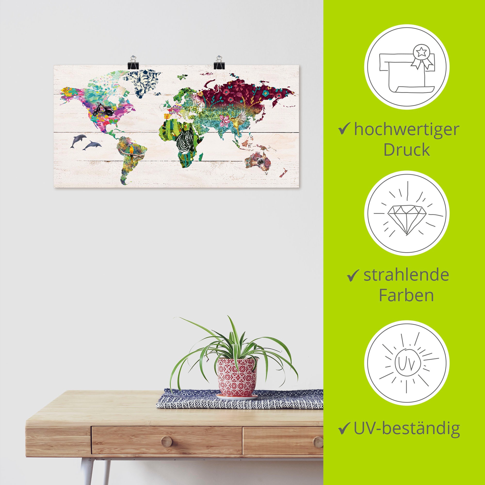 Artland Wandbild »Bunte Welt auf hölzernem Untergrund«, Landkarten, (1 St.), als Leinwandbild, Poster in verschied. Grössen