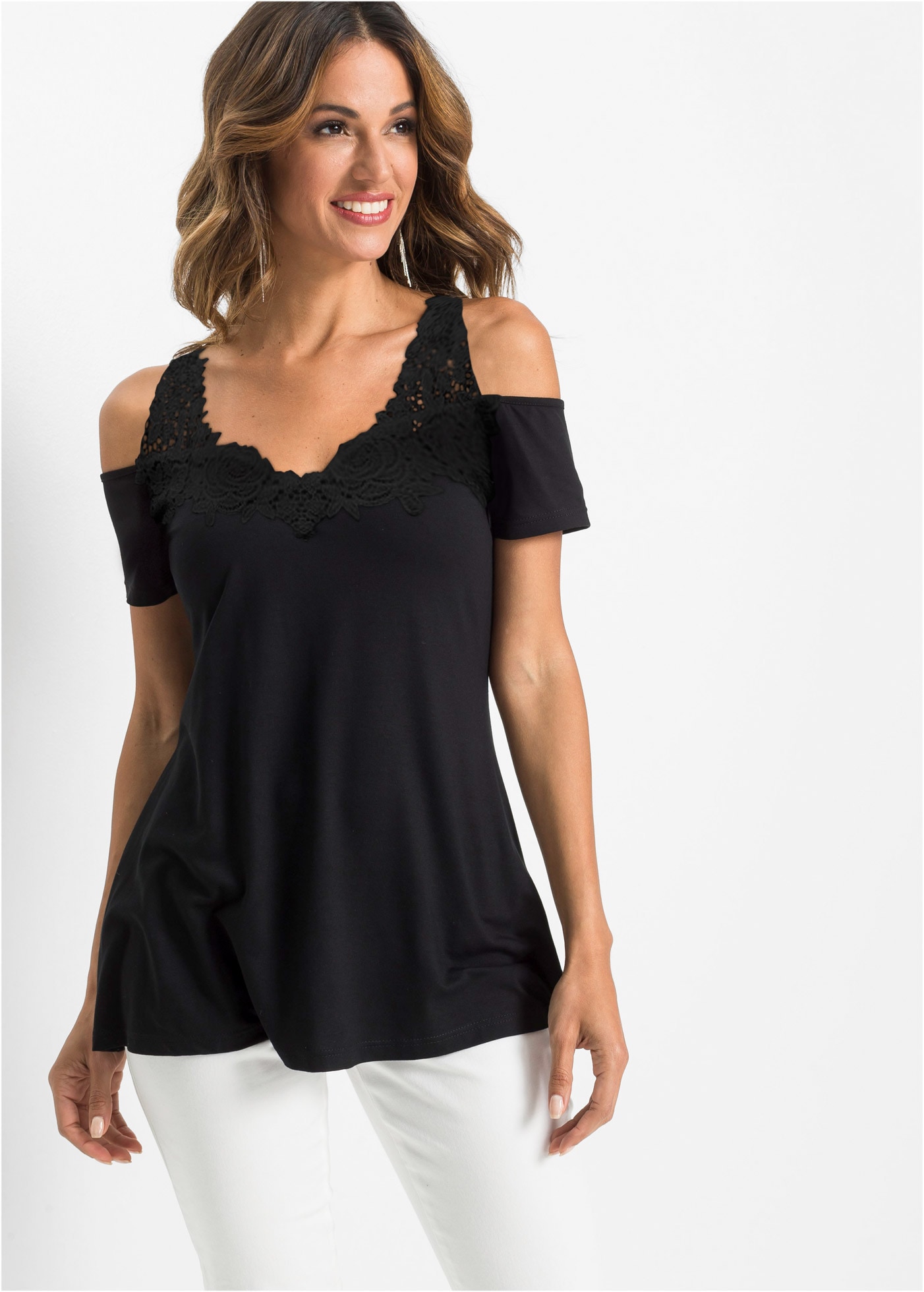 Image of bonprix T-Shirt bequeme Passform, Kurzarm, Cut-Outs, toller Spitzenbesatz