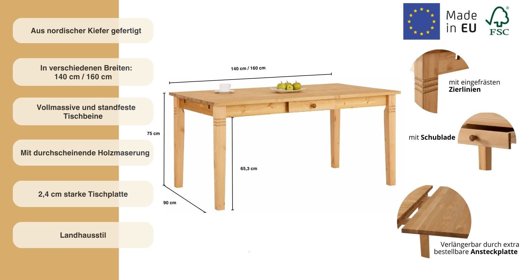Home affaire Esstisch, wahlweise mit Schublade, aus massiver Kiefer, FSC®-zertifiziert