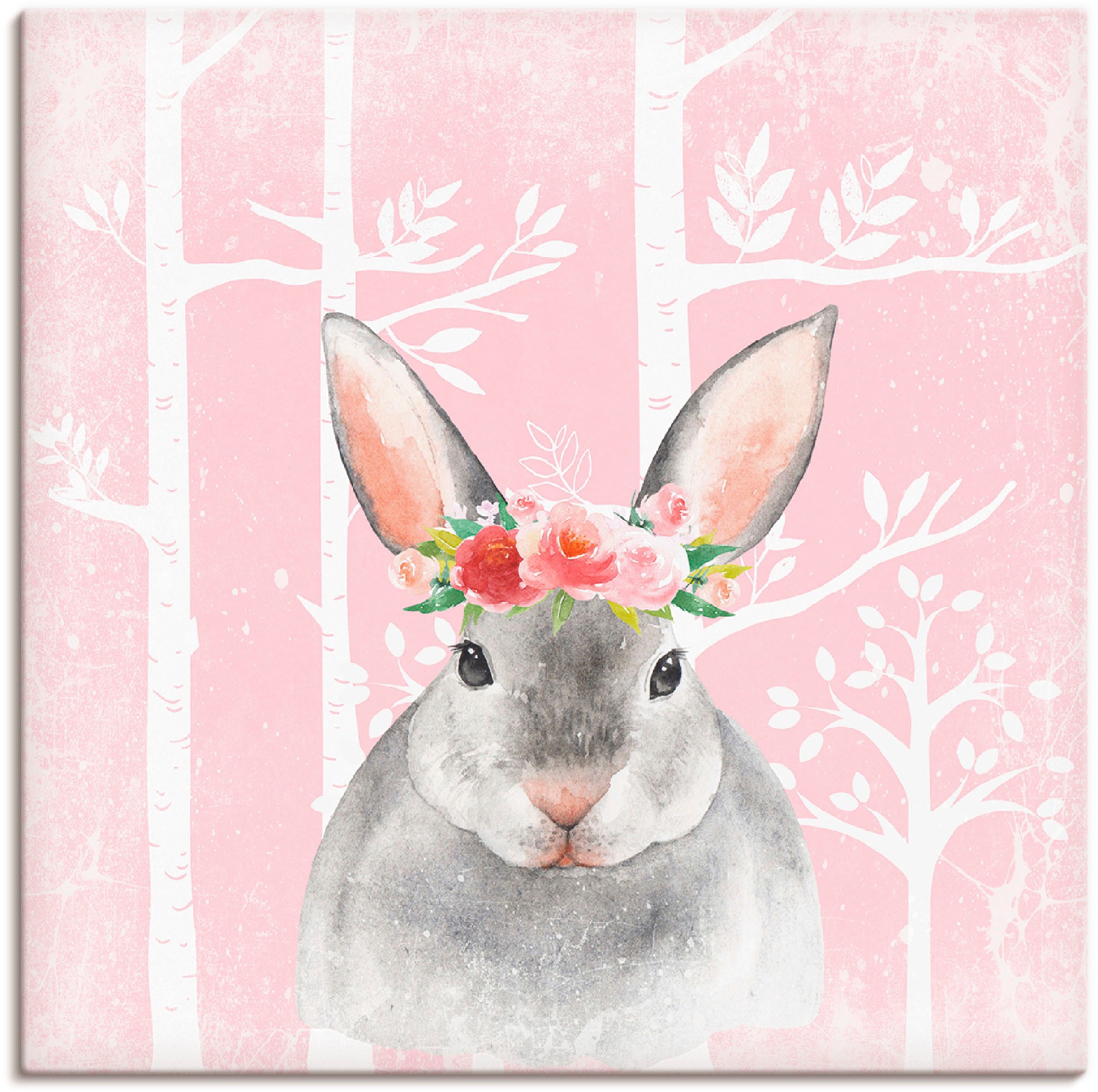 Image of Artland Leinwandbild "Hase mit Blumen im pink Wald" Tiere 1 Stk. tlg. auf Holzrahmen gespannt
