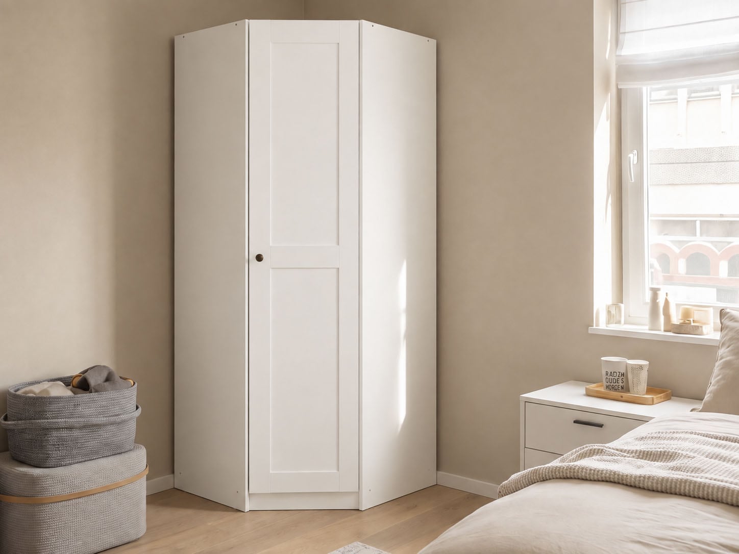 GOODproduct Eckkleiderschrank »Mehrzweckschrank Aktenschrank Möbel Mietswohnung Schlafzimmer YLVA« Schenkelmass: 85x72 cm, Höhe 197 cm,  skandinavischer Style mit Rahmenfront und Knopfgriff MADE IN GERMANY