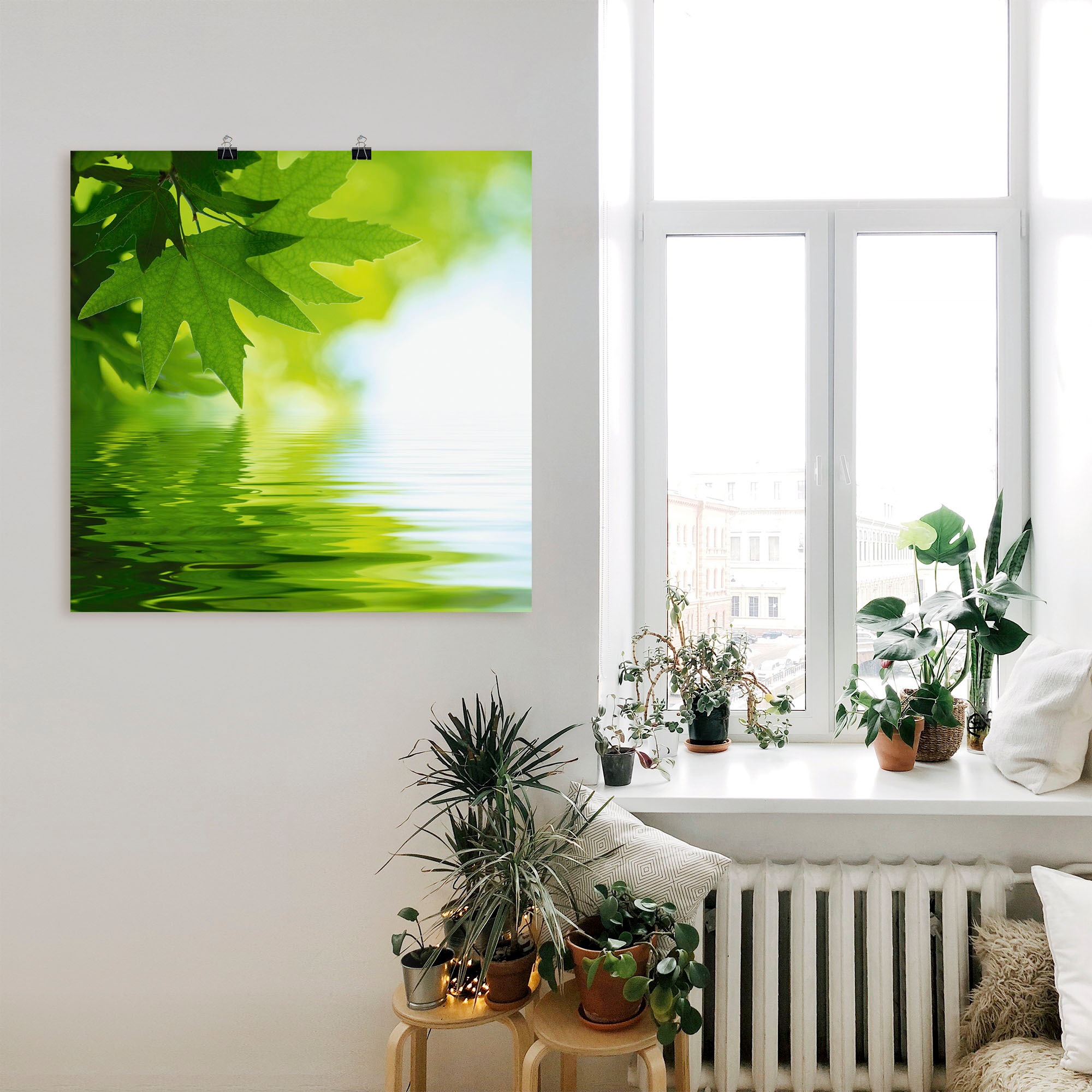 Artland Wandbild »Grüne Blätter reflektieren im Wasser«, Blätter, (1 St.), als Leinwandbild, Poster, Wandaufkleber in verschied. Grössen