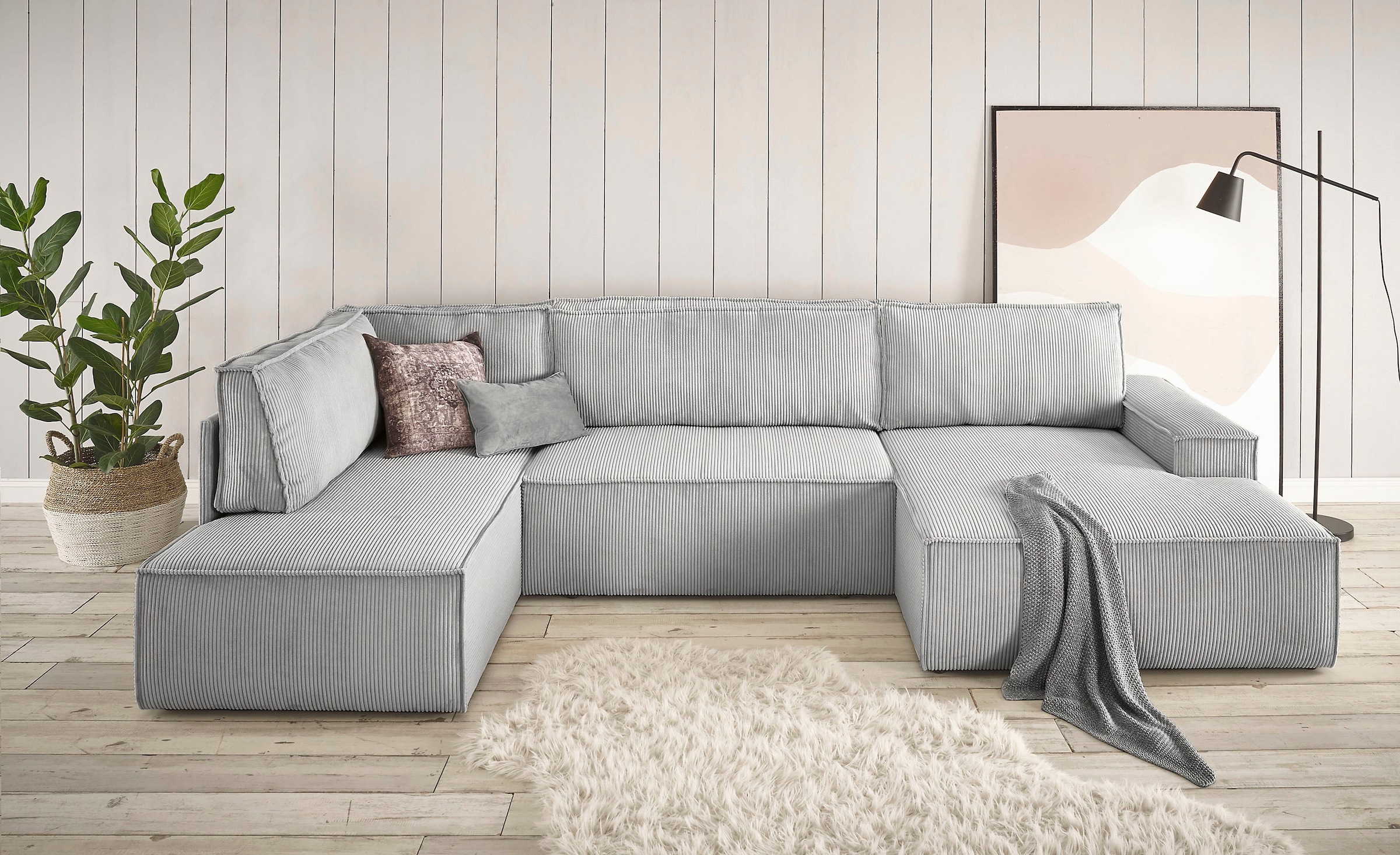 Home affaire Wohnlandschaft »SHERWOOD 329 cm, U-Form, Schlafsofa,«, Schlaffunktion m. Bettkasten (194x139 cm), Cord, Vintage, Samtvelours