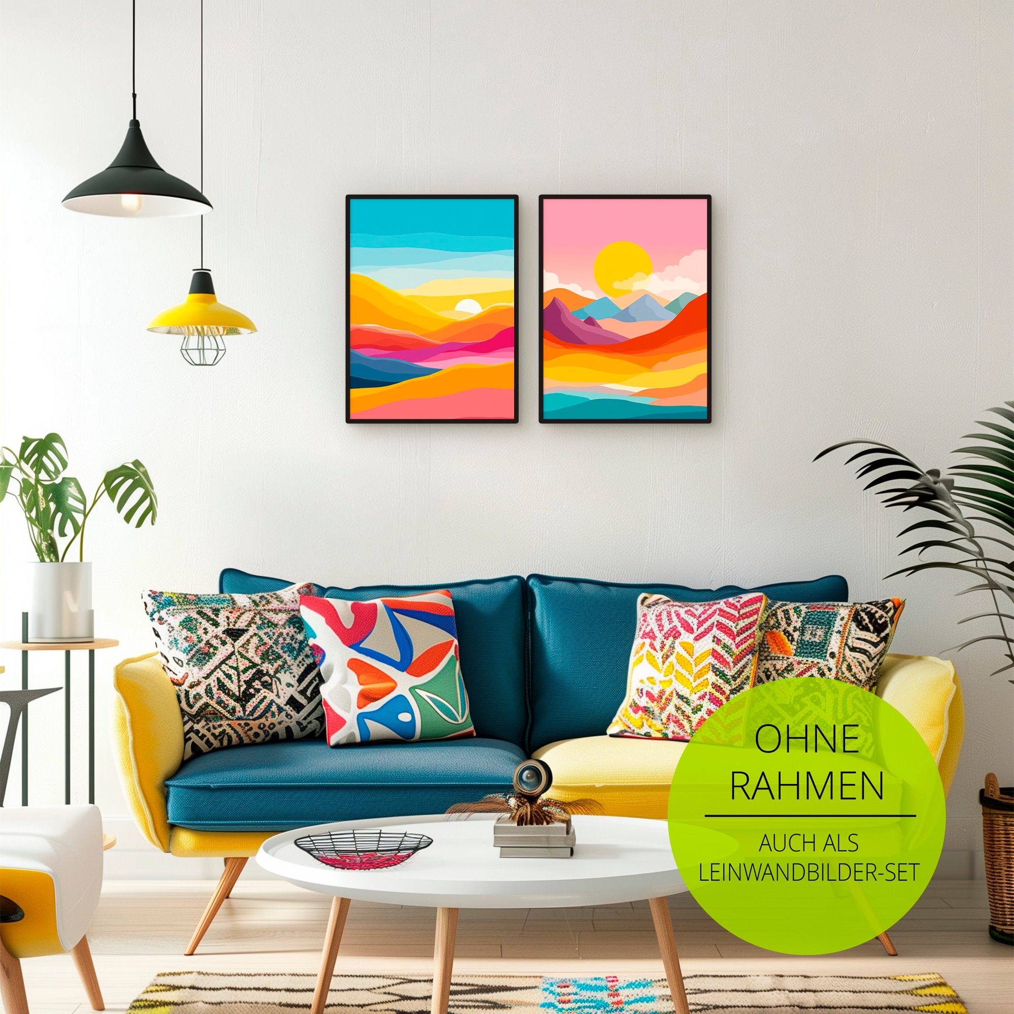 GOODproduct Wandbild »Retro Landschaft I und II« Bilder vom Sonnenuntergang & -aufgang 2 Stk. tlg. als Poster oder Leinwandbilder Set