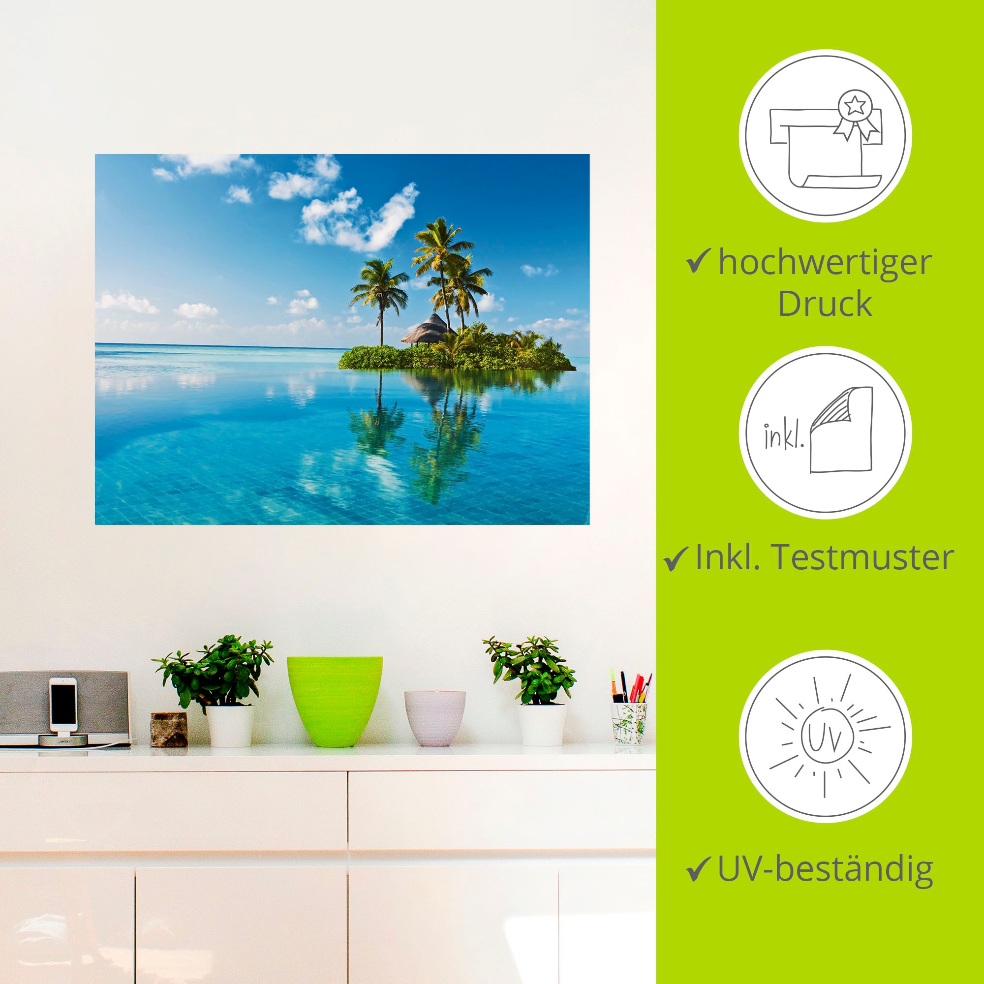Artland Wandbild »Tropisches Paradies - Insel Palmen Meer«, Amerika, (1 St.), als Alubild, Outdoorbild, Leinwandbild, Poster, Wandaufkleber