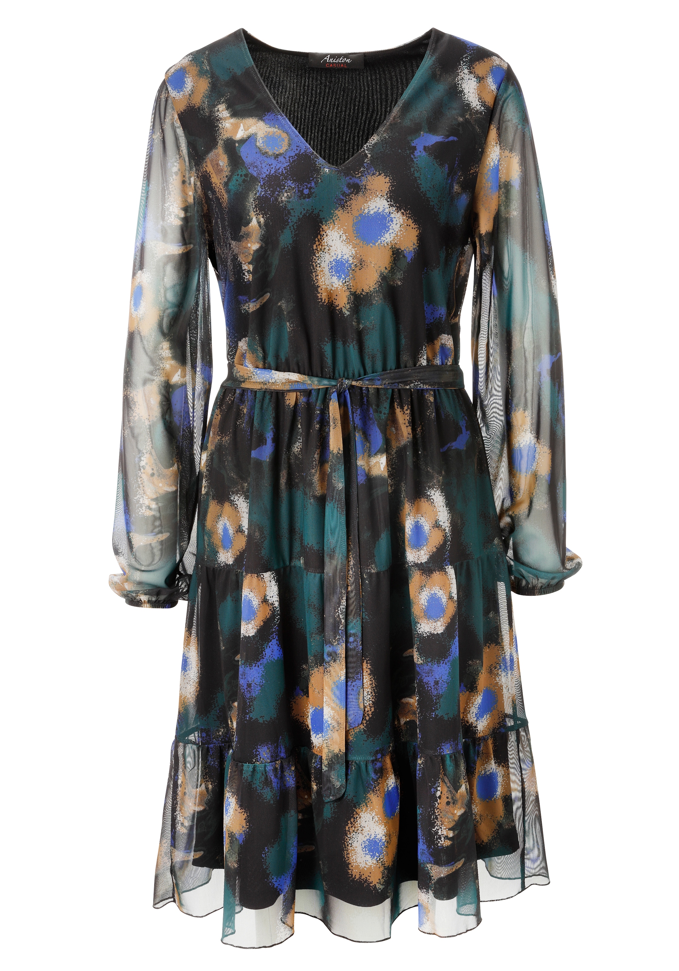 Aniston CASUAL Tunikakleid, (mit abnehmbarem Bindeband), mit grafischen Batik-Blüten bedruckt - NEUE KOLLEKTION
