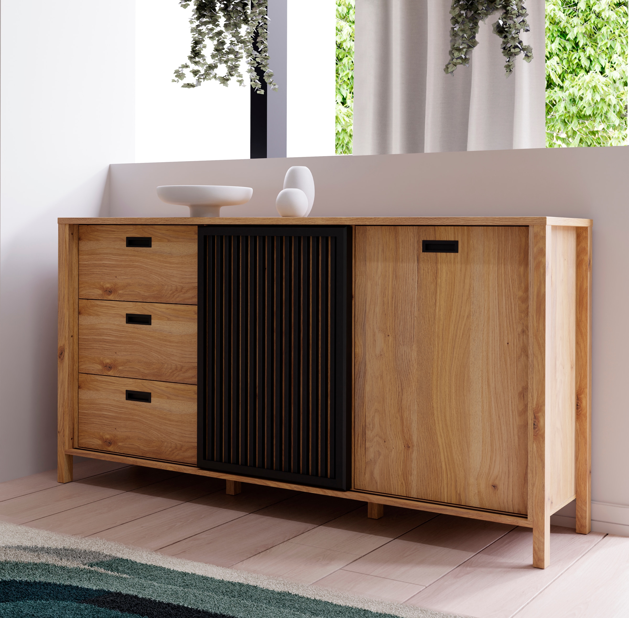 Image of FORTE Sideboard "Jytana" Breite 174,8 cm, Tür mit Lamellenoptik, Mauvella Eiche / Schwarz