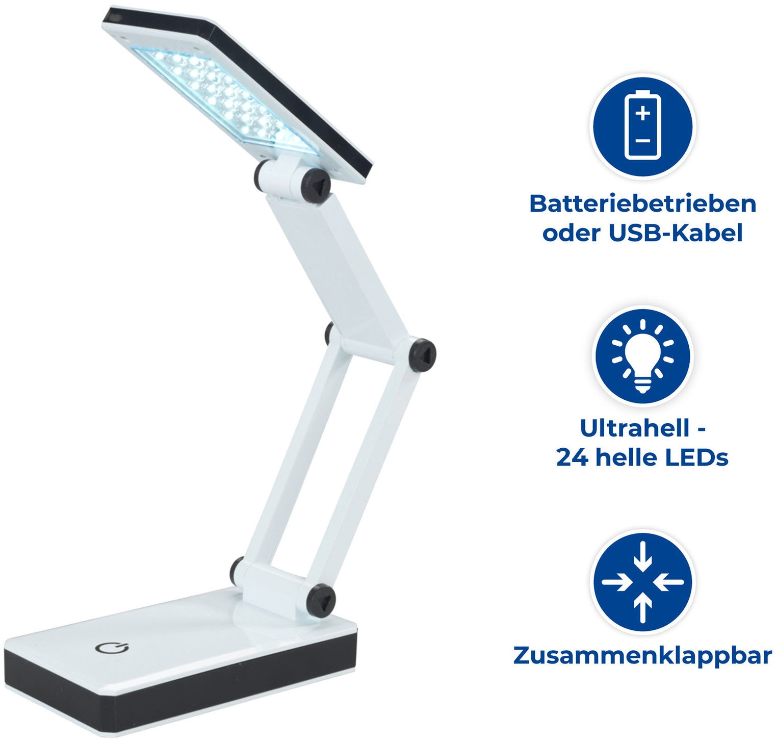 Maximex LED Schreibtischlampe »faltbar« LED-Modul 1 Stk. Neutralweiss LED Lampe, stufenlos verstellbar, USB-Port oder Batteriebetrieb