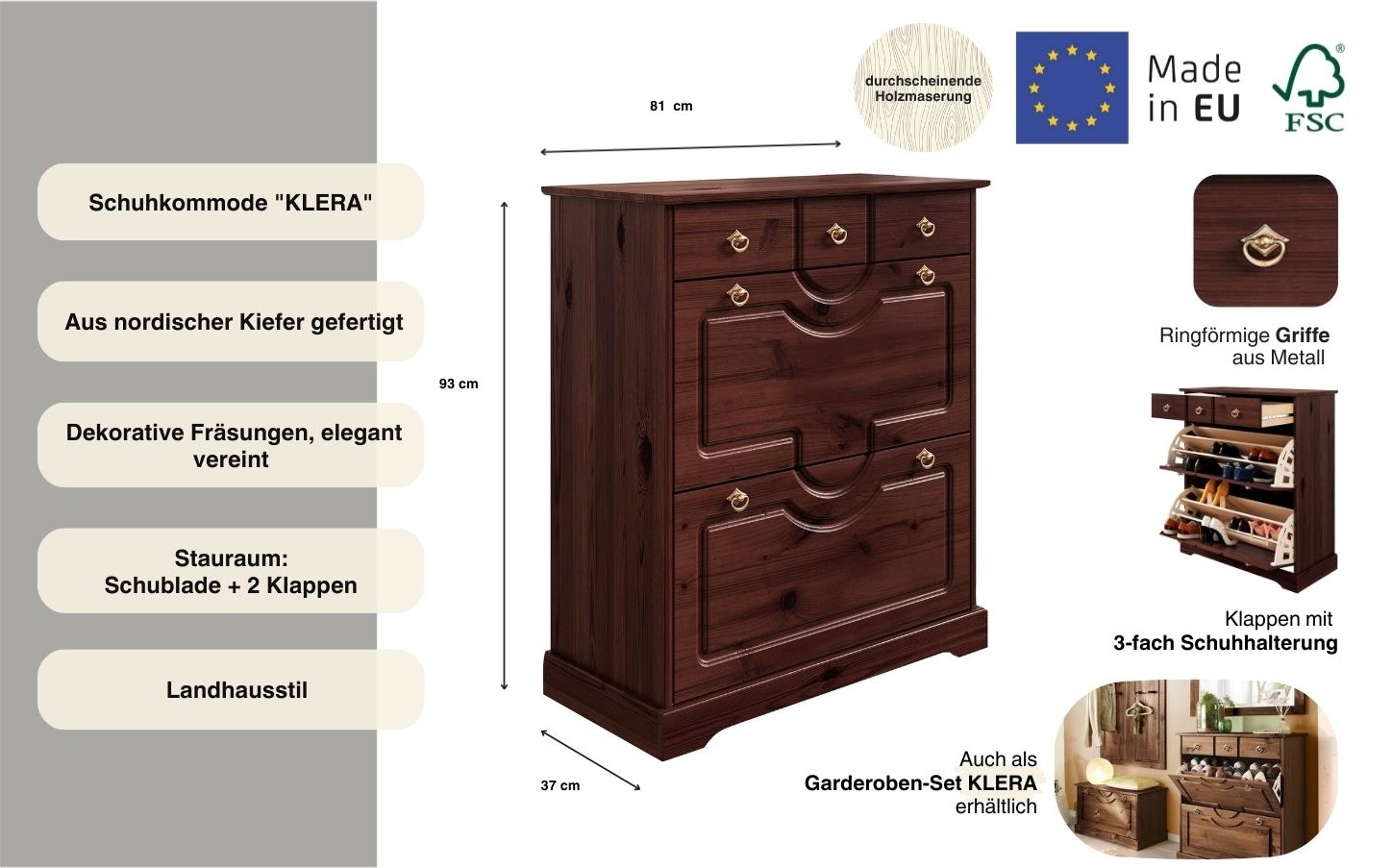 Home affaire Schuhschrank »Klera« aus massiver Kiefer, FSC®, Breite 81 cm, dreifache Schuhhalterung