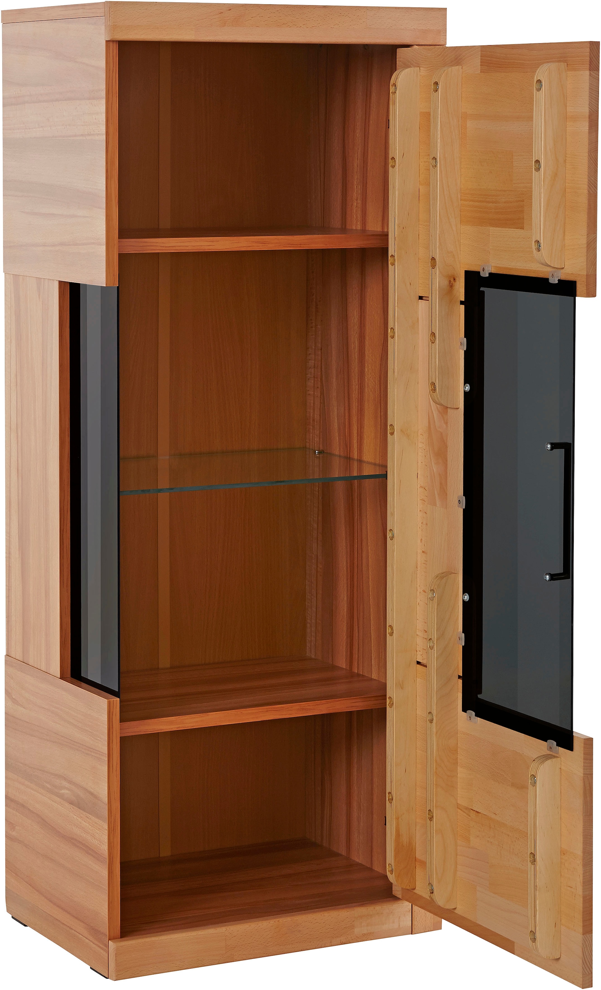 Home affaire Vitrine »Ribe,125cm hoch,4 Fächer,1Glasboden variabel einsetzbar«, Massivholz, Holzwerkstoff,dunkles gehärtetes Glas, Metall Griffe